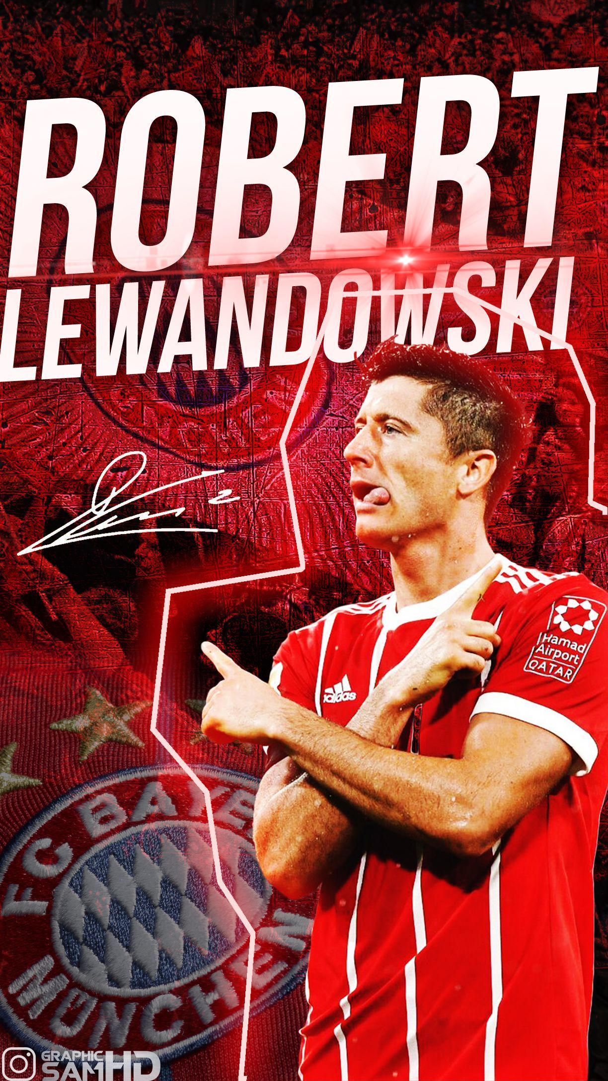 Robert Lewandowski, FC Bayern München, Schriftzug, Verschränkte Arme, Rot, Full HD, Handy-Hintergrundbild