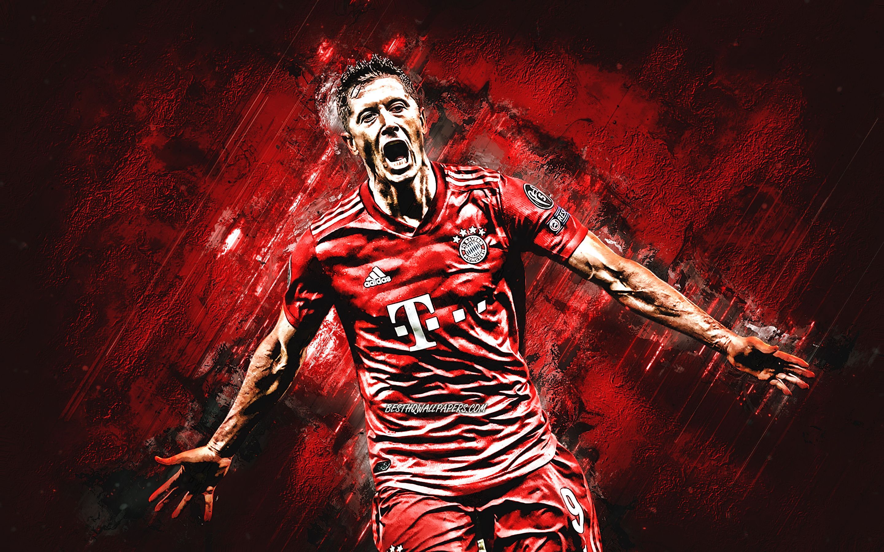 Robert Lewandowski, FC Bayern München, Torjubel, Rote Textur, Grunge, 2K, PC-Hintergrundbild