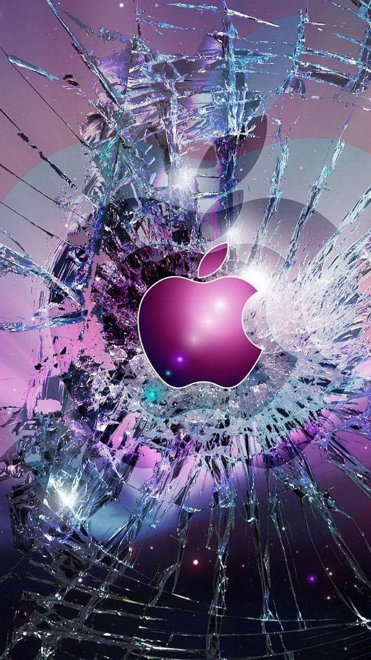 Apple-Logo, Zerbrochenes Glas, Lila, Pink, HD, Hintergrundbild fürs Handy