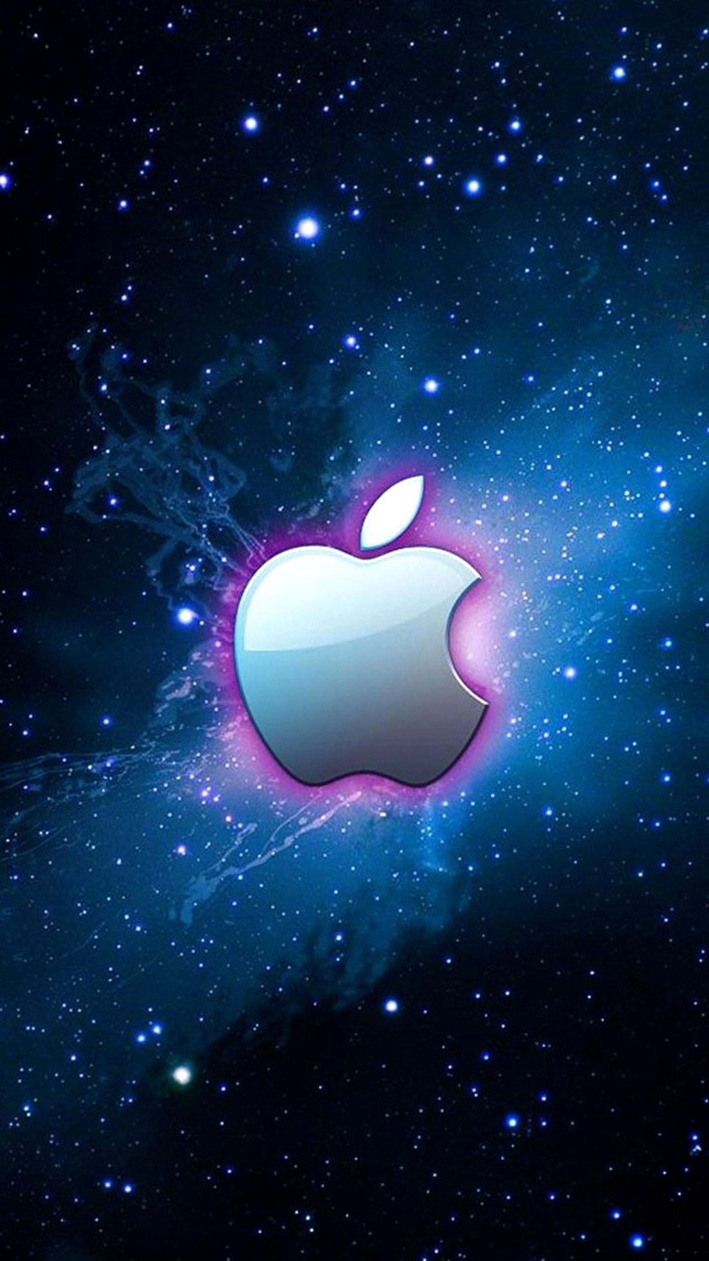Apple-Logo, Weltraum, Leuchtend, Sterne, Blau, QHD+, Sperrbildschirm fürs iPhone