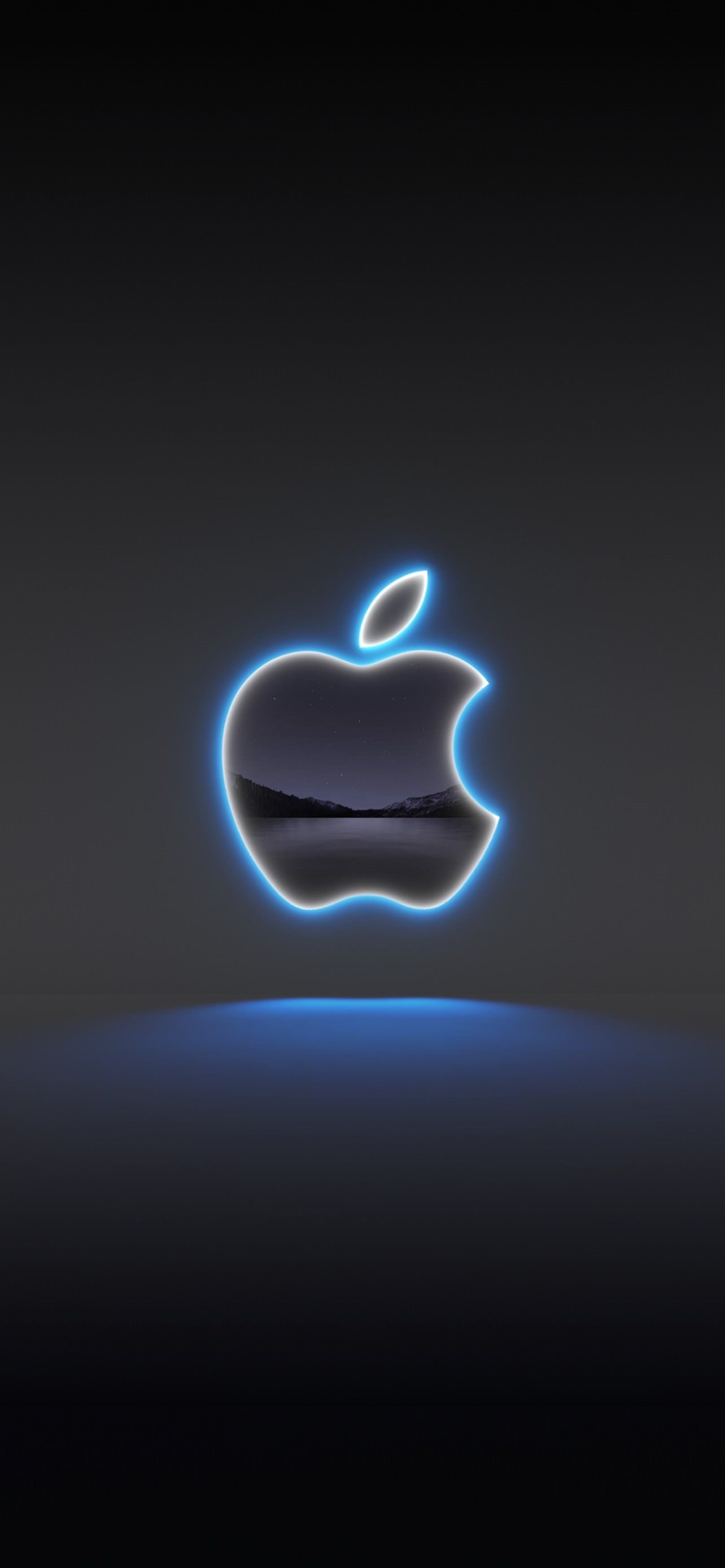 Apple-Logo, Blaues Leuchten, Dunkelgrau, Minimalistisch, 1284x2778, Handy-Hintergrund