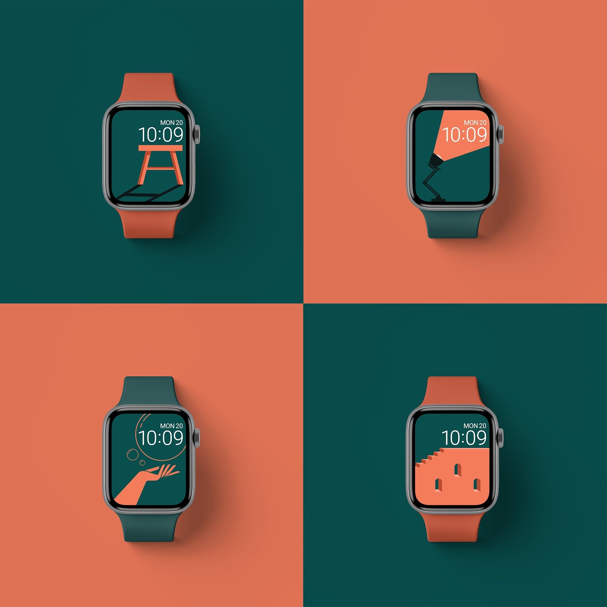 Apple Watch, Zifferblätter, Orange, Petrol, Raster, Hintergrundbild