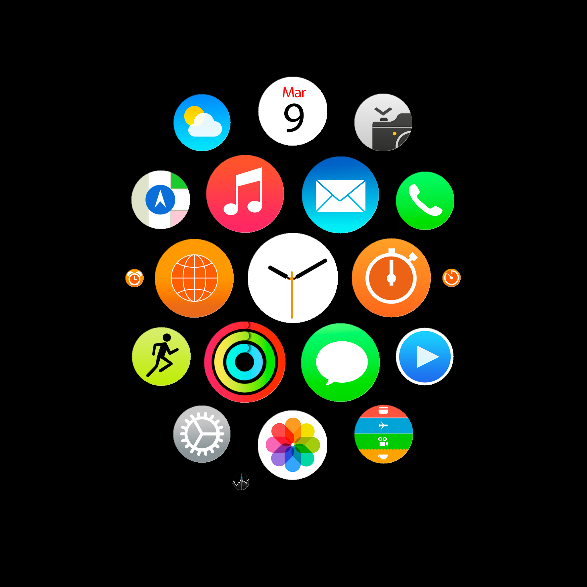 Apple Watch, watchOS, App-Symbole, Wabenansicht, Schwarzer Hintergrund, Zifferblatt