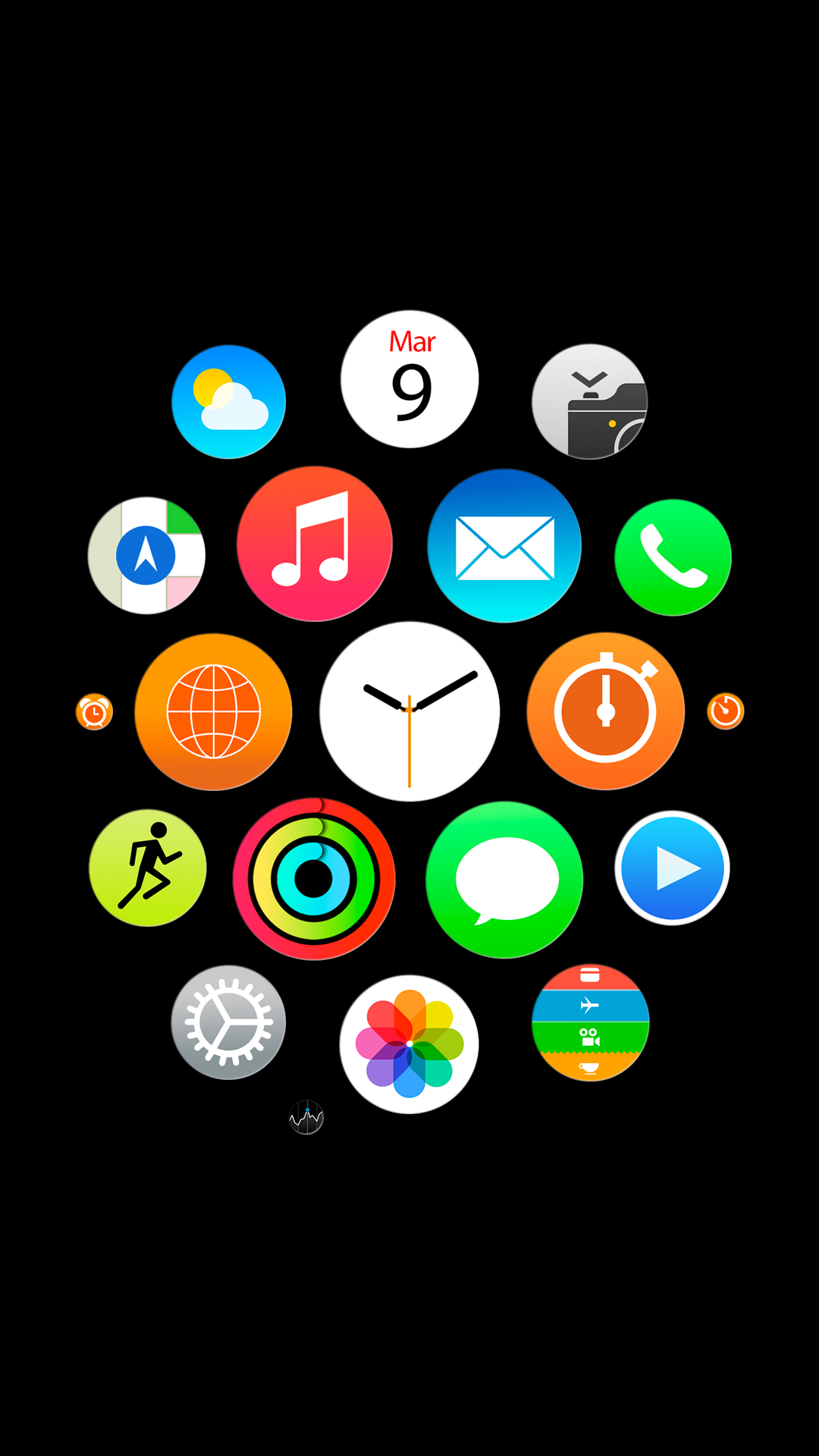 Apple Watch, watchOS, App-Symbole, Wabenansicht, Schwarzer Hintergrund, Zifferblatt