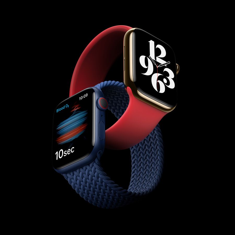Apple Watch Series 6, Apple Watch, Rot, Solo Loop, Schwarzer Hintergrund, Zifferblatt