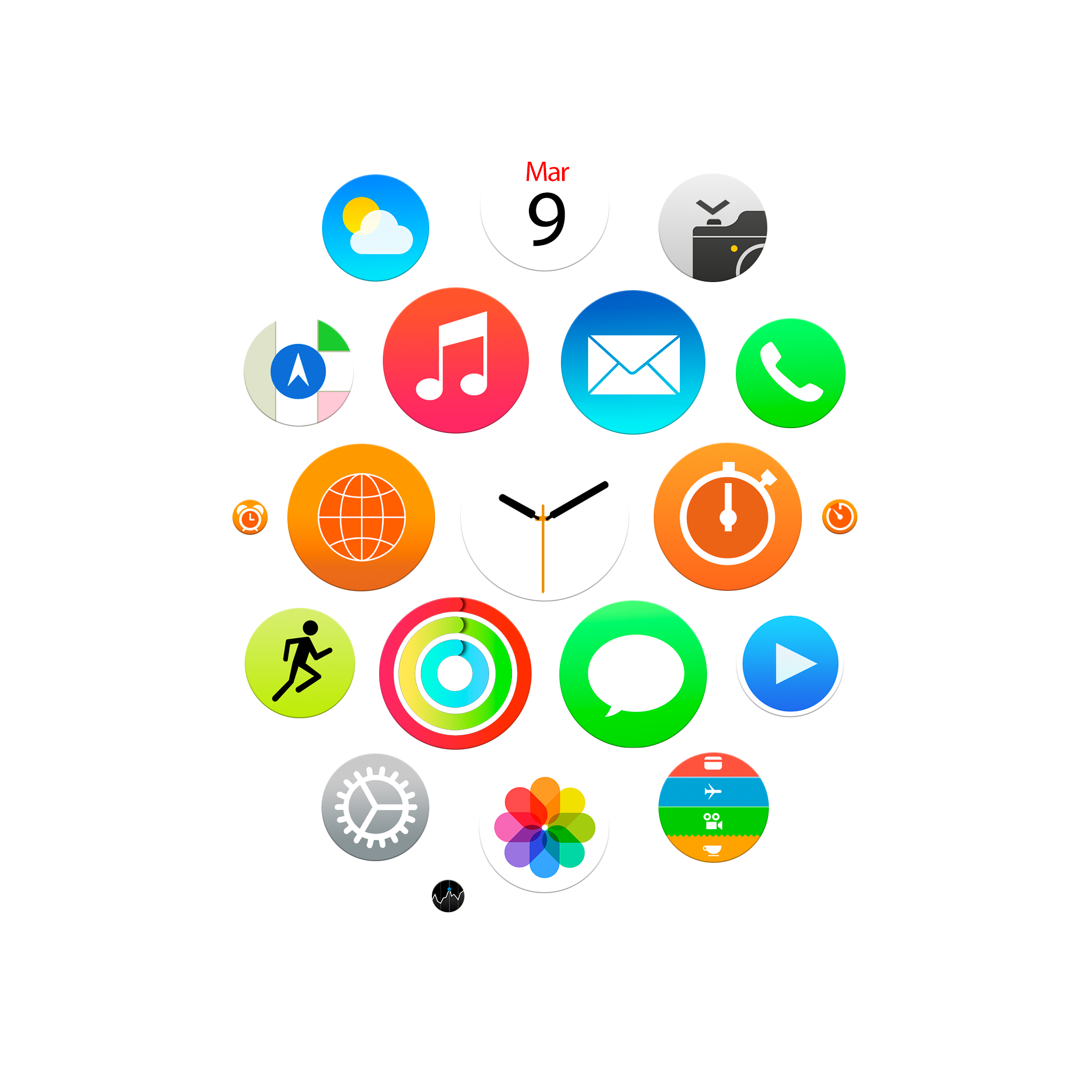 Apple Watch, watchOS, App-Symbole, Wabenansicht, Weißer Hintergrund, Wallpaper
