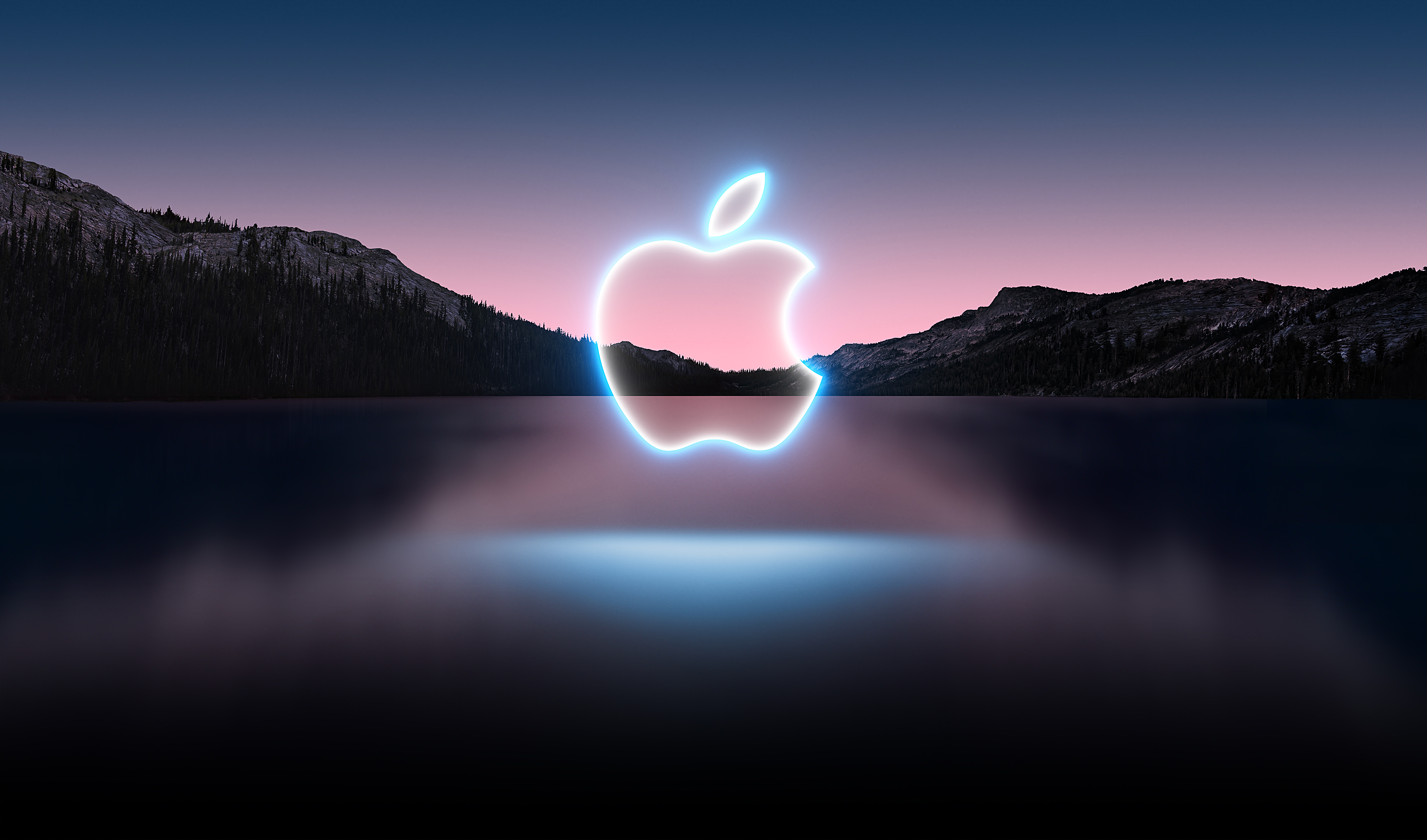 California Streaming, Apple Event, Apple-Logo, Bergsee, Dämmerung, Apple-Watch-Hintergrundbild