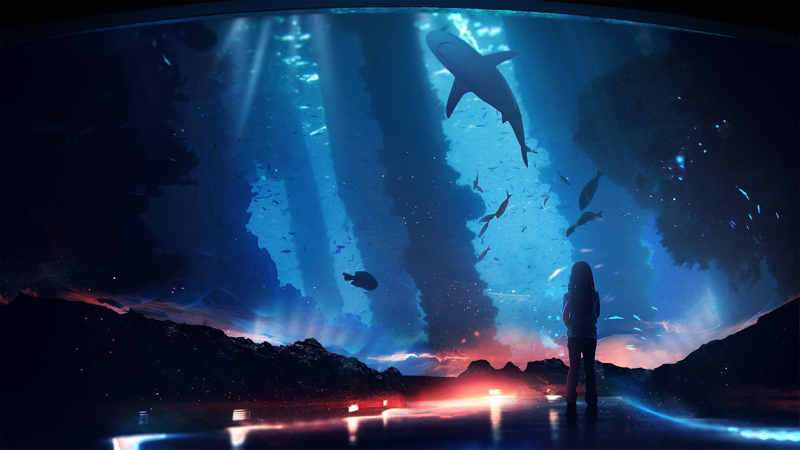 Riesenaquarium, Silhouette, Hai, Digitale Kunst, Lichtstrahlen, 2K, Desktop-Hintergrund