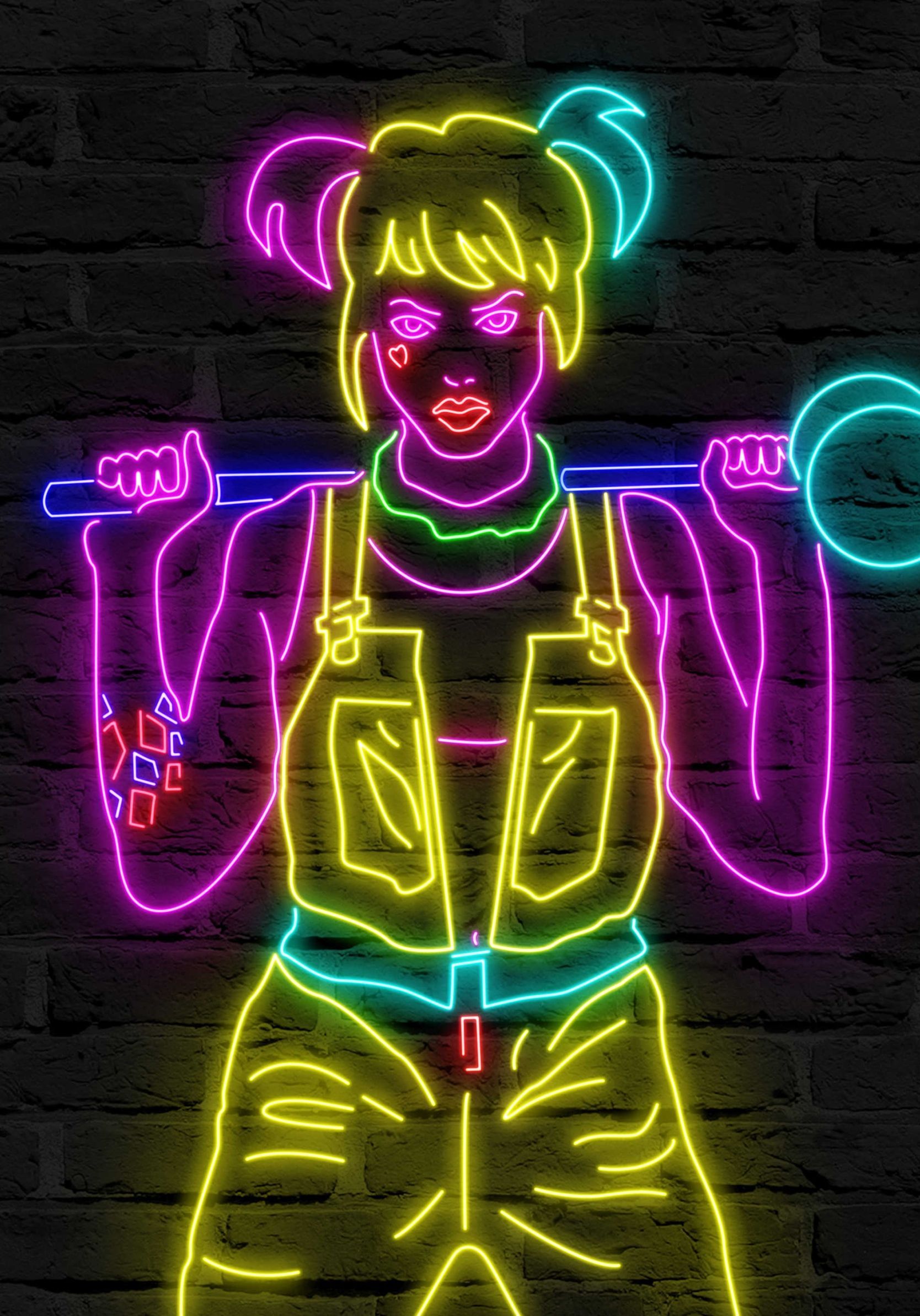 Harley Quinn, Neon-Illustration, Baseballschläger, Ziegelwand, Gelb, Hintergrundbild fürs iPad