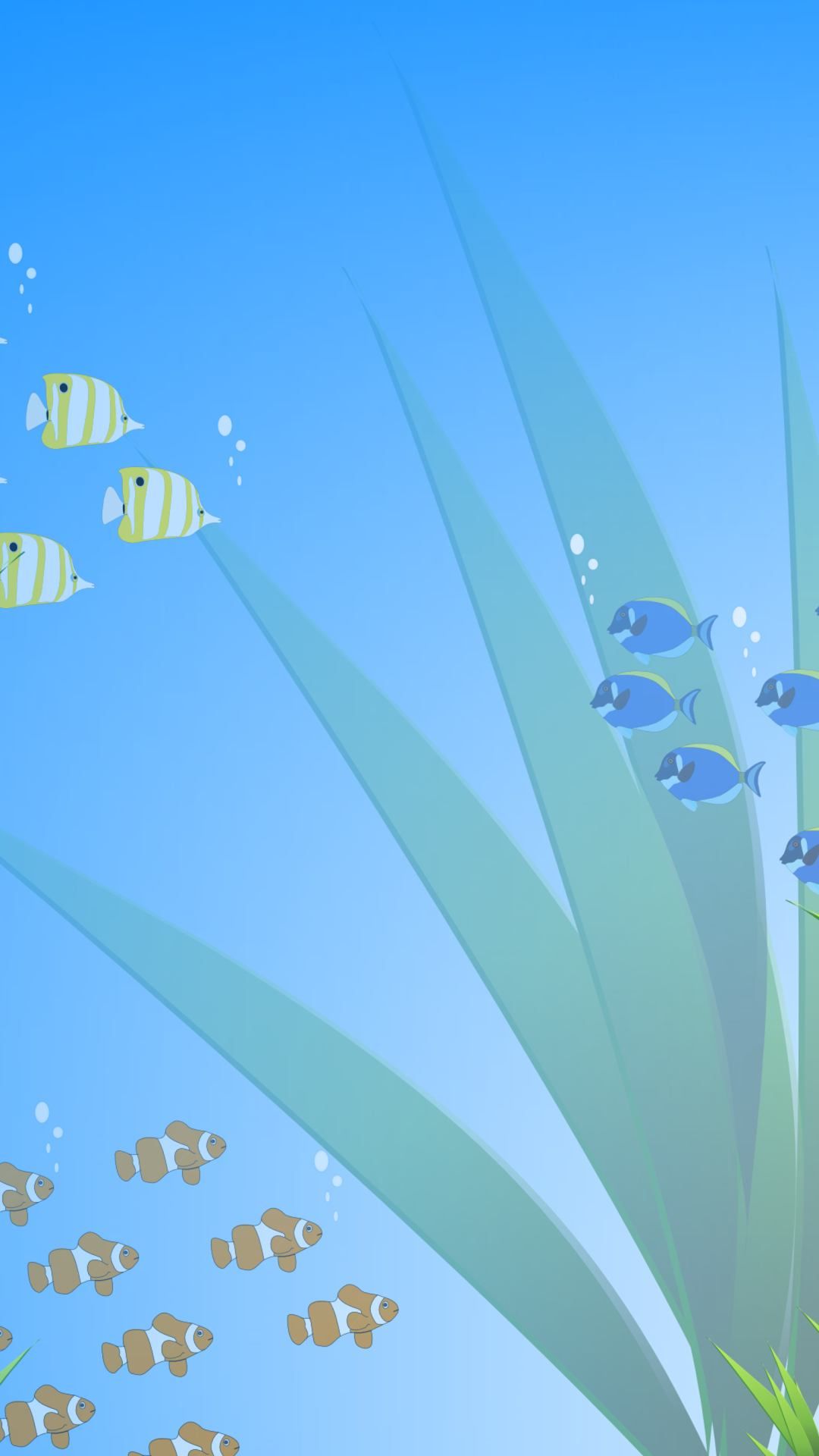 Fischschwarm, Seegras, Hellblau, Minimalistisch, Vektorgrafik, 1080x1920, Handy-Hintergrund