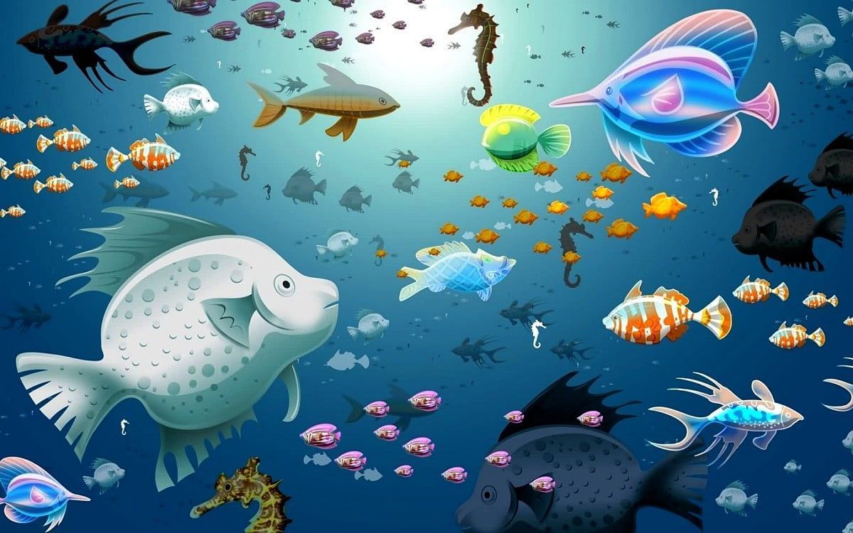 Illustrierte Fische, Seepferdchen, Bunte Fische, Comic-Stil, Unterwasserwelt, Hintergrundbild