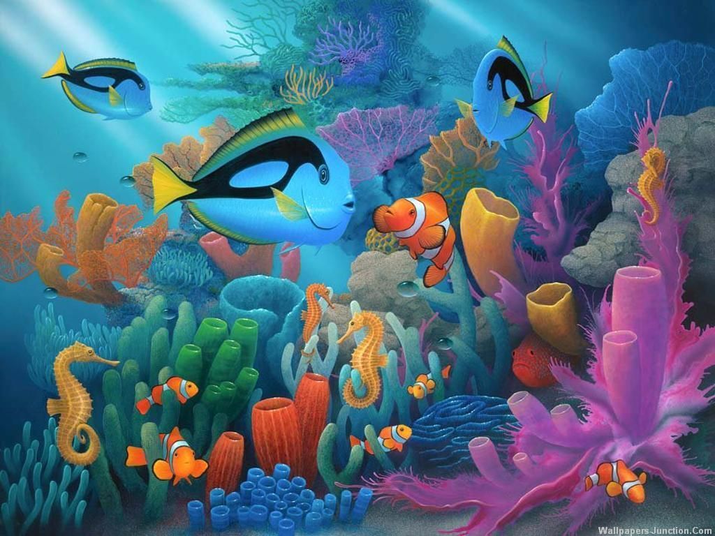 Paletten-Doktorfisch, Clownfische, Seepferdchen, Korallenriff, Illustration, Bunt, Tablet-Hintergrundbild