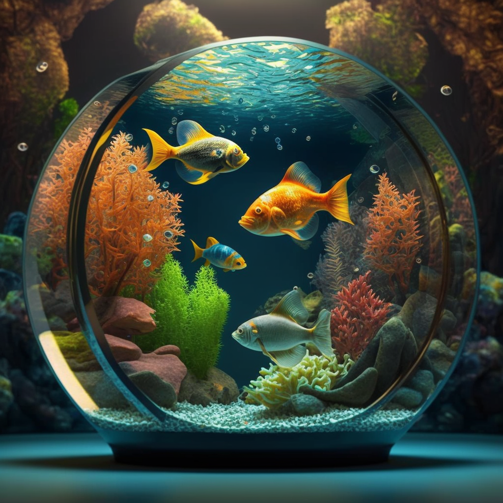 Kugelaquarium, Goldfische, Wasserpflanzen, Digitale Kunst, Dunkel, Hintergrundbild fürs Tablet