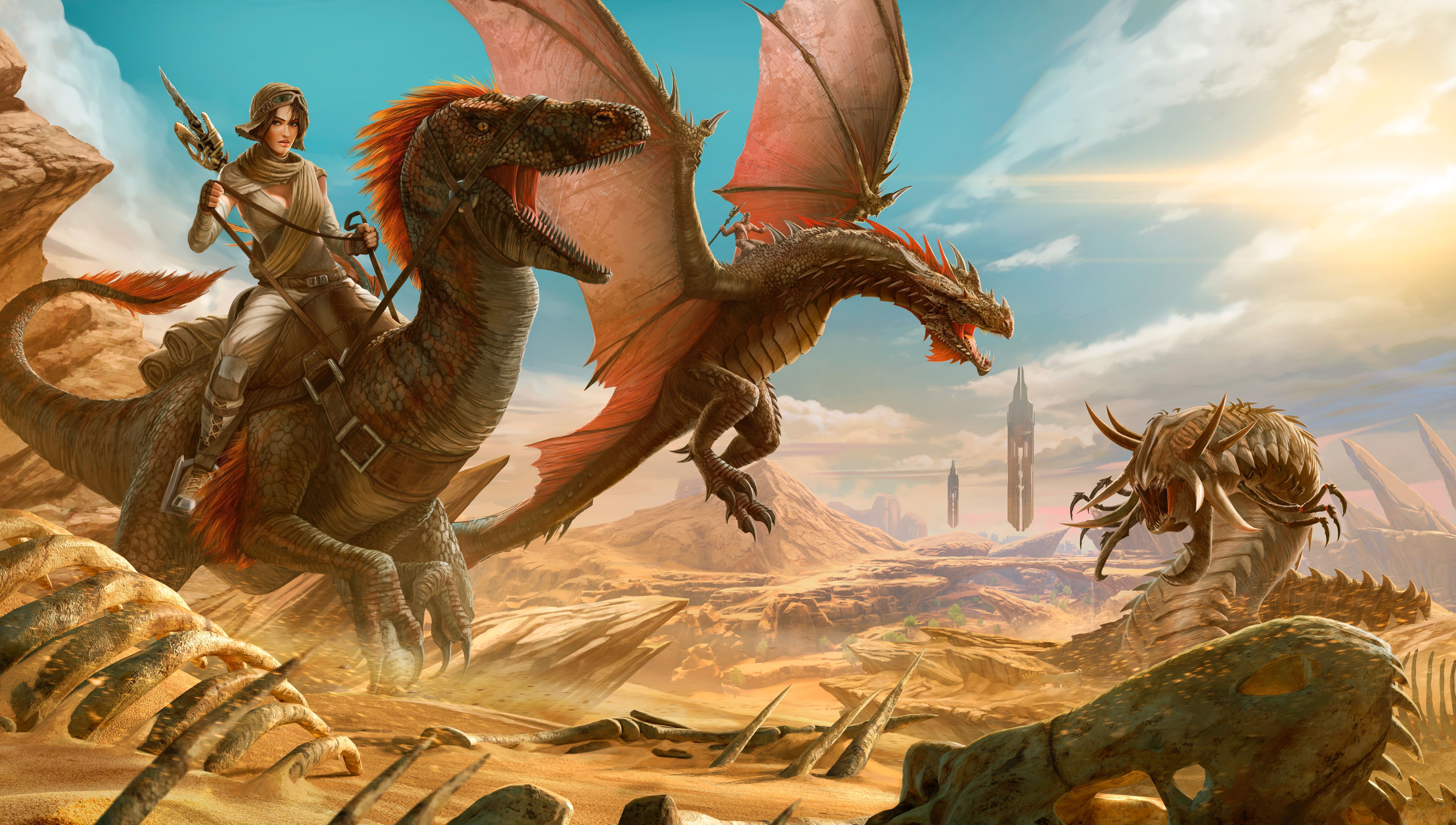 ARK: Scorched Earth, Wyvern, Morellatops, Wüste, Reiterin, Obelisk, 8K, Windows-Hintergrundbild