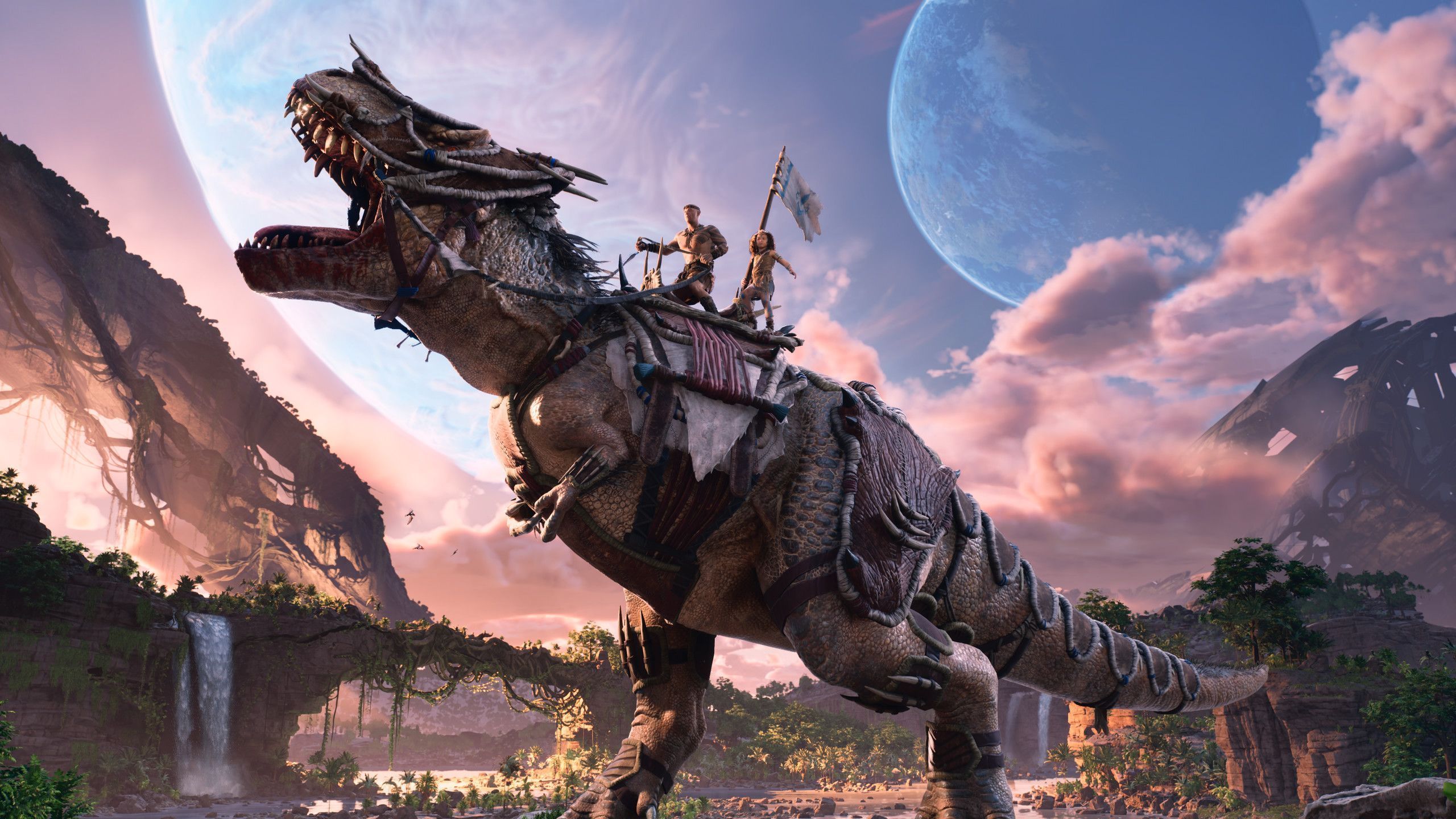 ARK: Survival Evolved, Tyrannosaurus Rex, Sattel, Wasserfall, Abendrot, Mond, 2K-Hintergrundbild