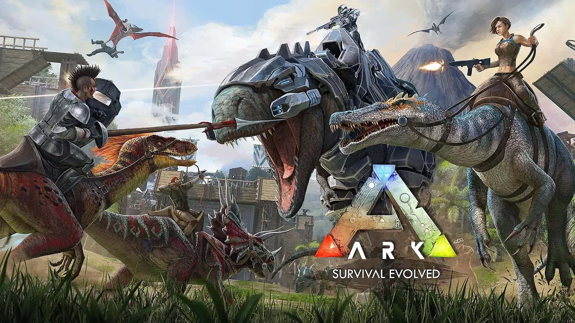 ARK: Survival Evolved, Logo, Tyrannosaurus, Raptor, Dinosaurier-Reiter, Key Art, Full-HD-Hintergrundbild
