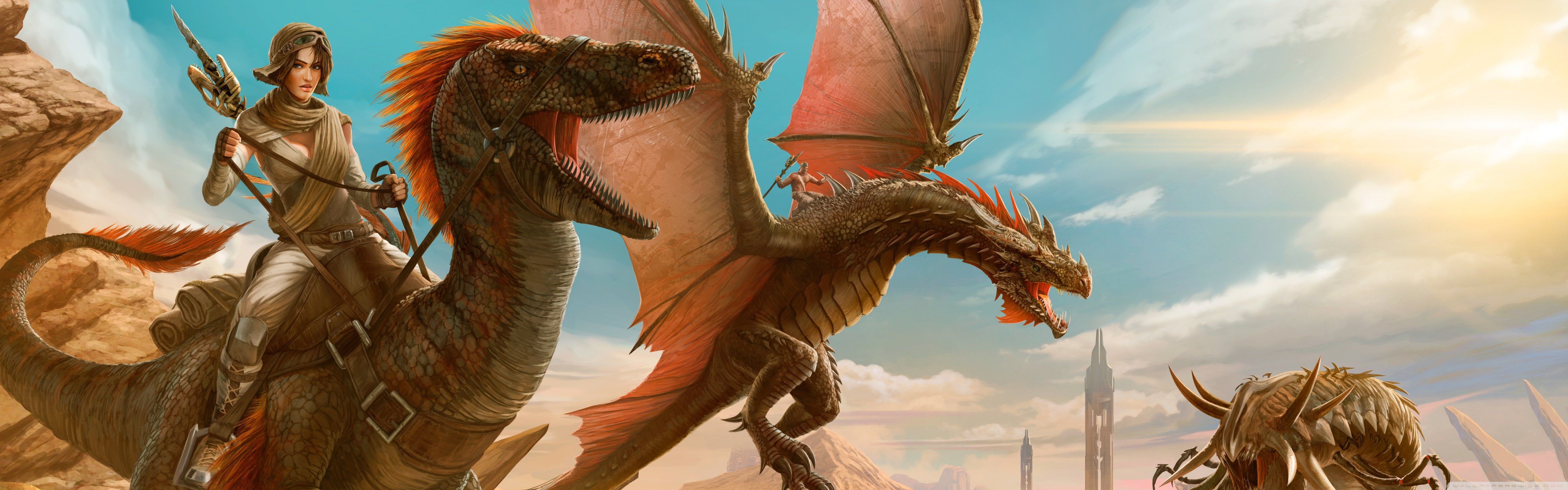 ARK: Scorched Earth, Wyvern, Wüste, Reiterin, Panorama, 2K, Hintergrundbild für den PC