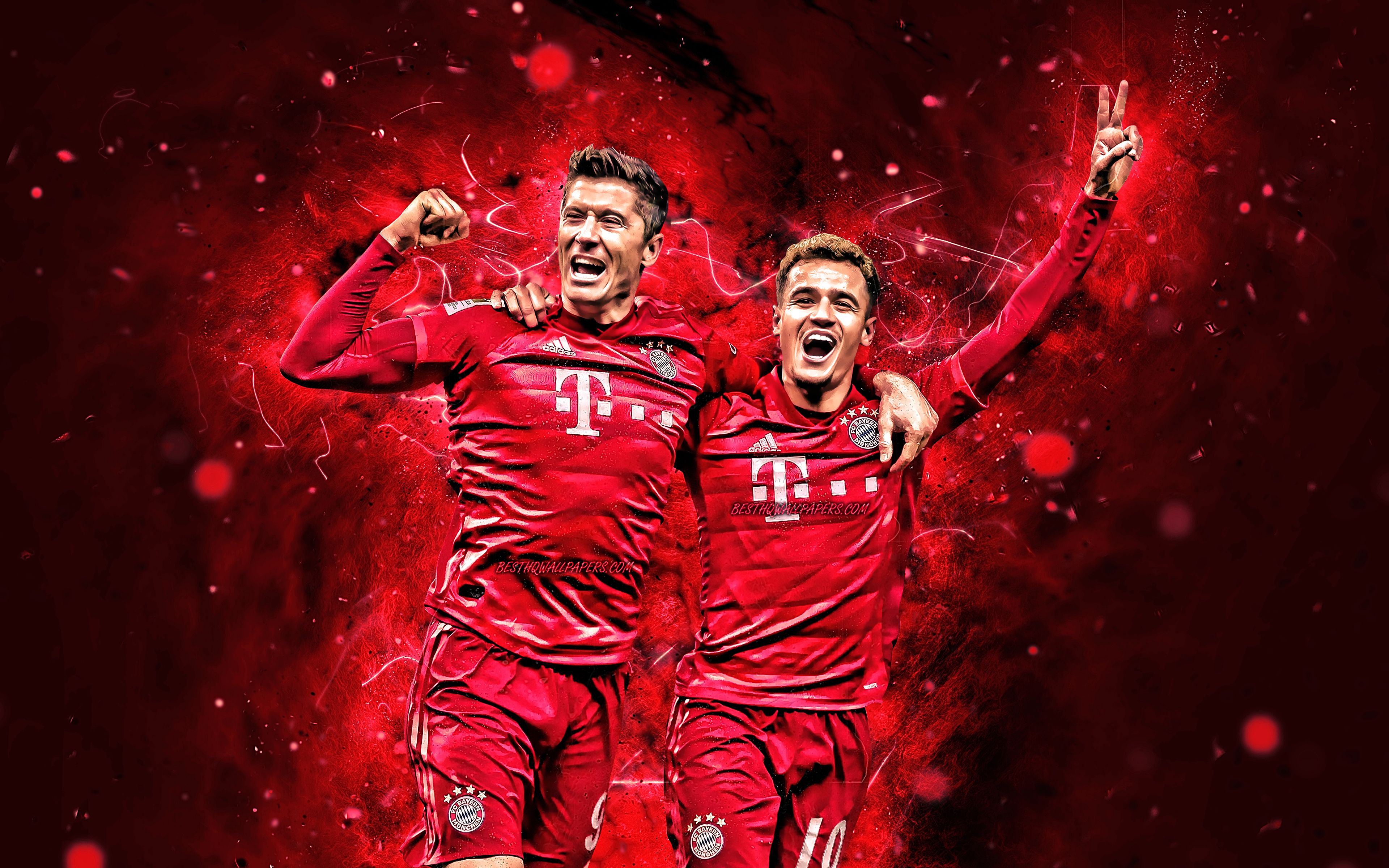 Robert Lewandowski, FC Bayern München, Teamkollege, Torjubel, Rotes Neon, 4K, Laptop-Hintergrundbild