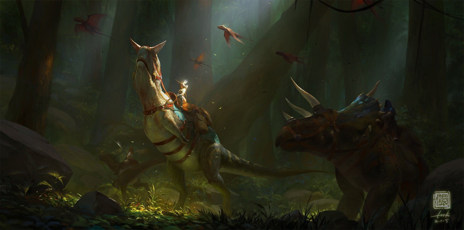 ARK: Survival Evolved, Triceratops, Reiter, Dschungel, Digitale Malerei, Full HD, PC-Hintergrundbild