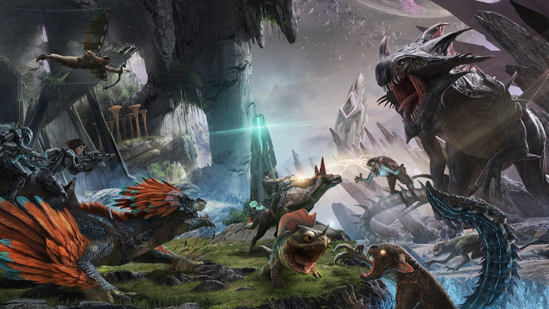 ARK: Survival Evolved, Dinosaurier, Kampf, Felsen, Obelisk, Full HD, Breitbild-Hintergrundbild