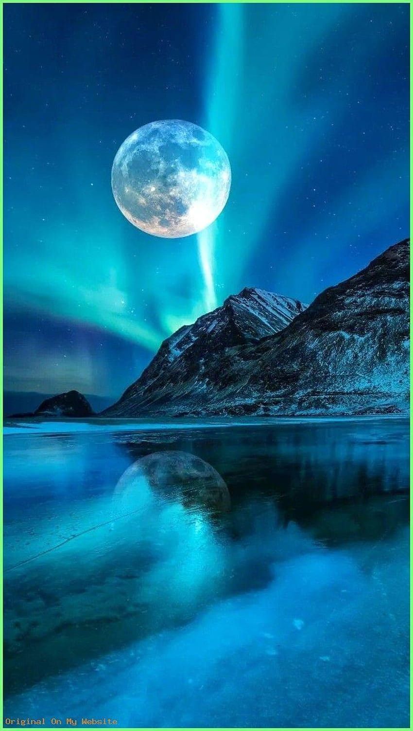 Polarlicht, Vollmond, Berg, See, Türkis, HD, Handy-Hintergrund im Hochformat