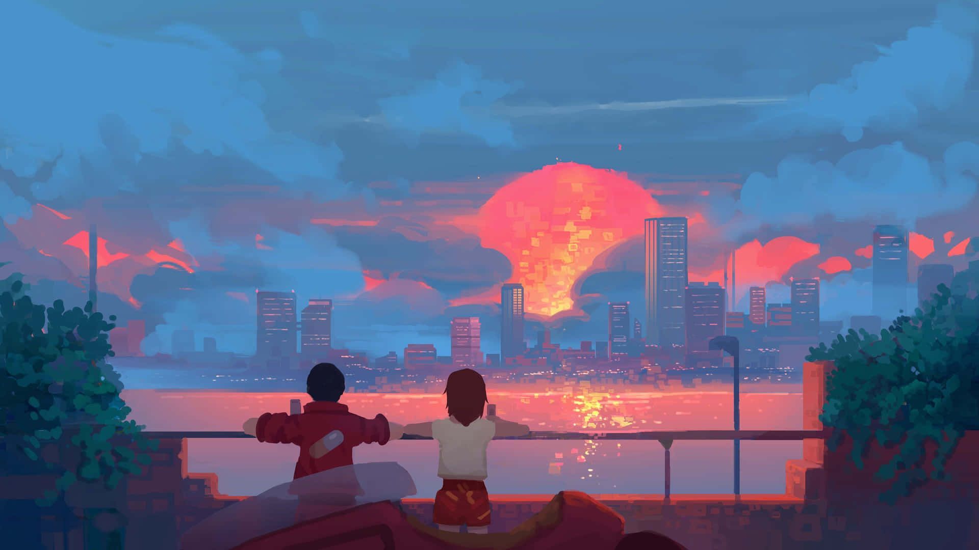 Kinder, Explosion, Stadt, Sonnenuntergang, Anime-Stil, 16:9, Full-HD-Hintergrundbild für den Desktop