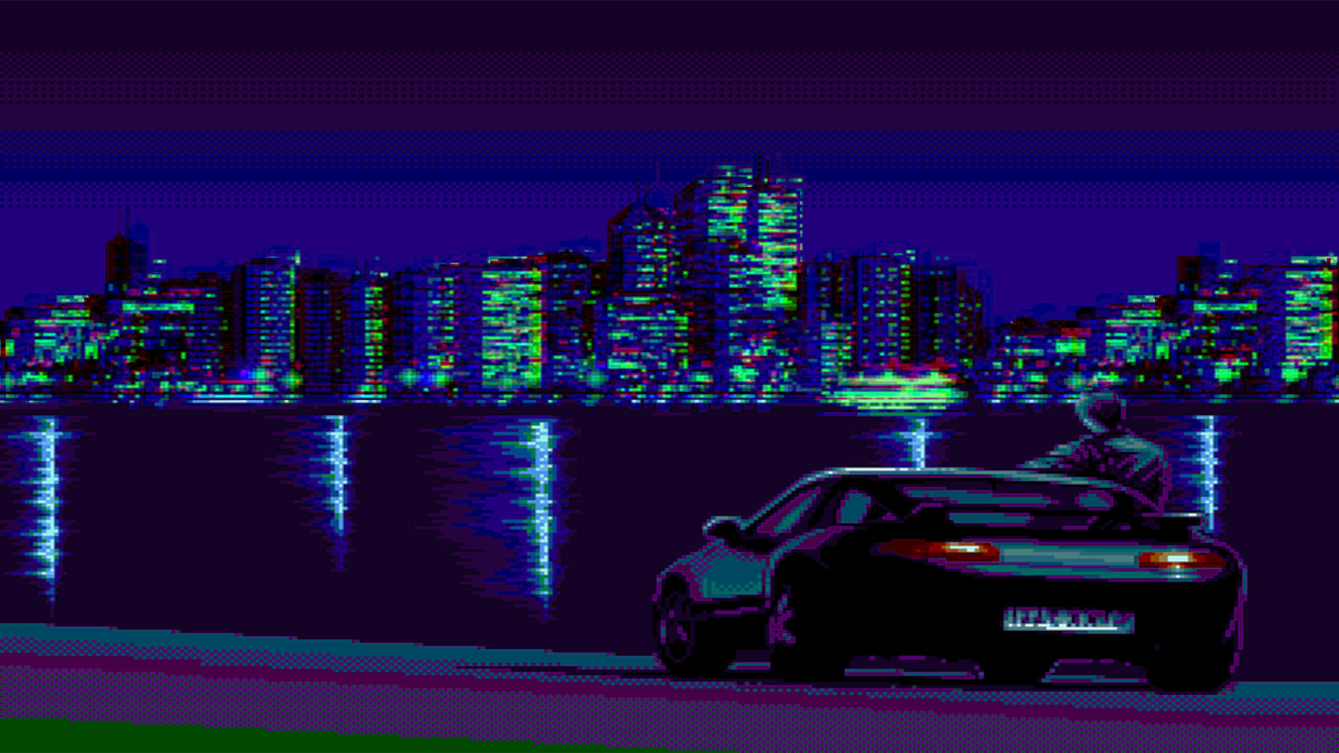 Sportwagen, Pixel-Art, Skyline, Nacht, Wasser, Retro, Full HD, Desktop-Hintergrund für Windows