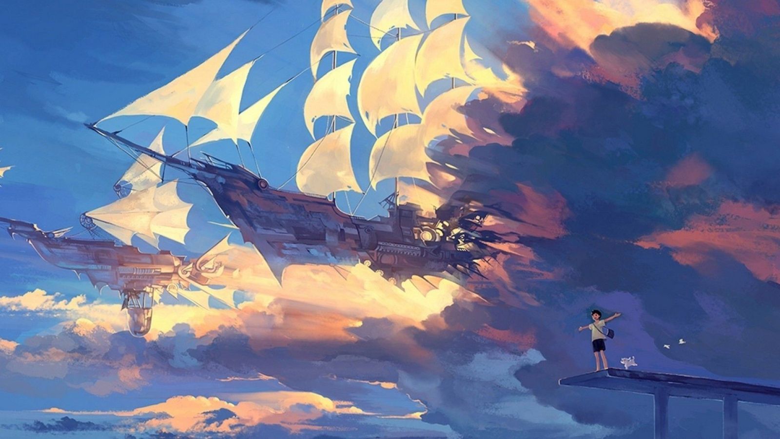 Fliegendes Schiff, Segel, Wolken, Fantasy, Anime-Stil, Sonnenuntergang, HD-Hintergrundbild für PC