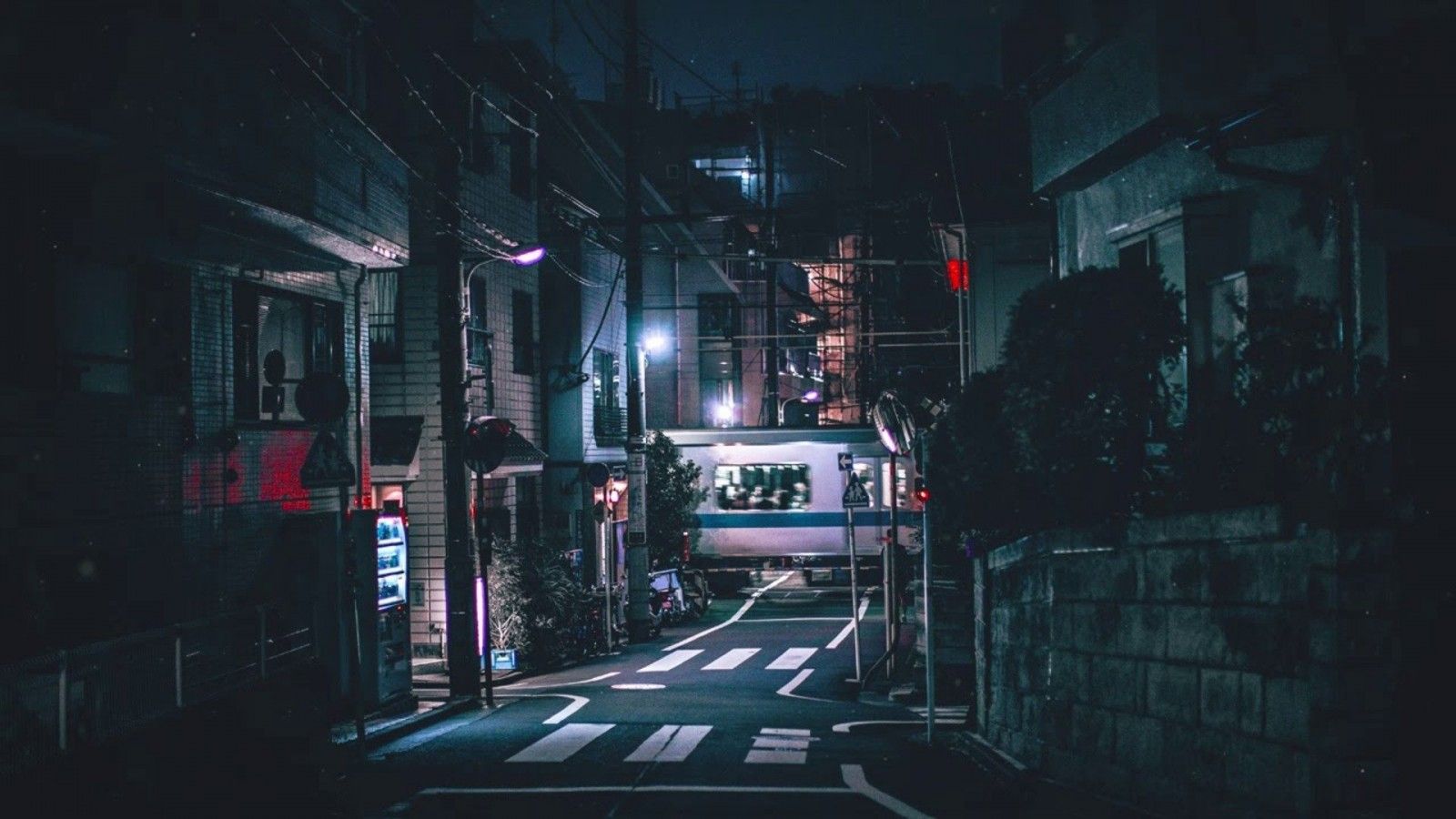 Gasse, Japan, Nacht, Zebrastreifen, Straßenlaterne, 16:9, HD-Hintergrundbild für den Desktop