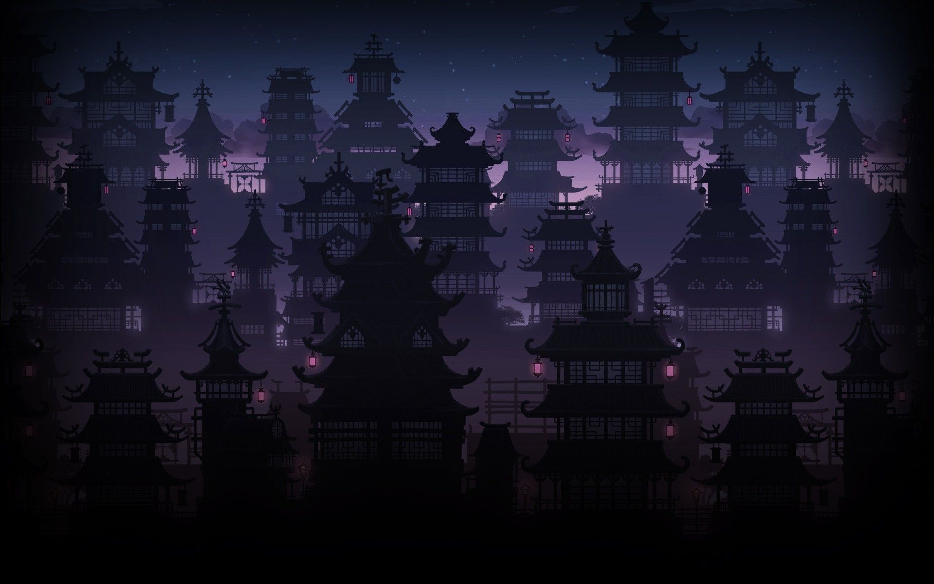 Pagoden, Asiatische Architektur, Silhouette, Dunkel, Lila Töne, Full-HD-Hintergrundbild für PC