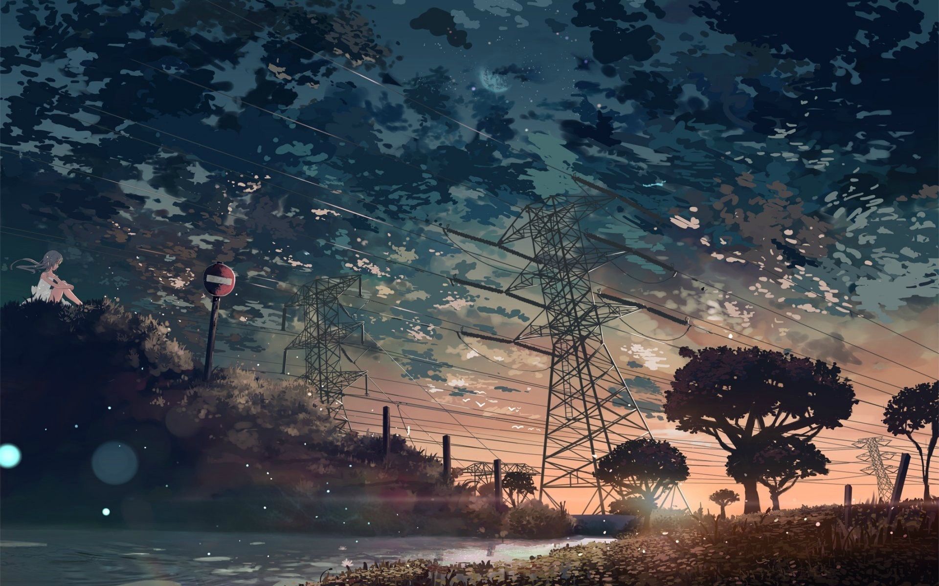 Strommast, Bäume, Sonnenuntergang, Anime-Stil, Landschaft, Full HD, MacBook-Hintergrundbild