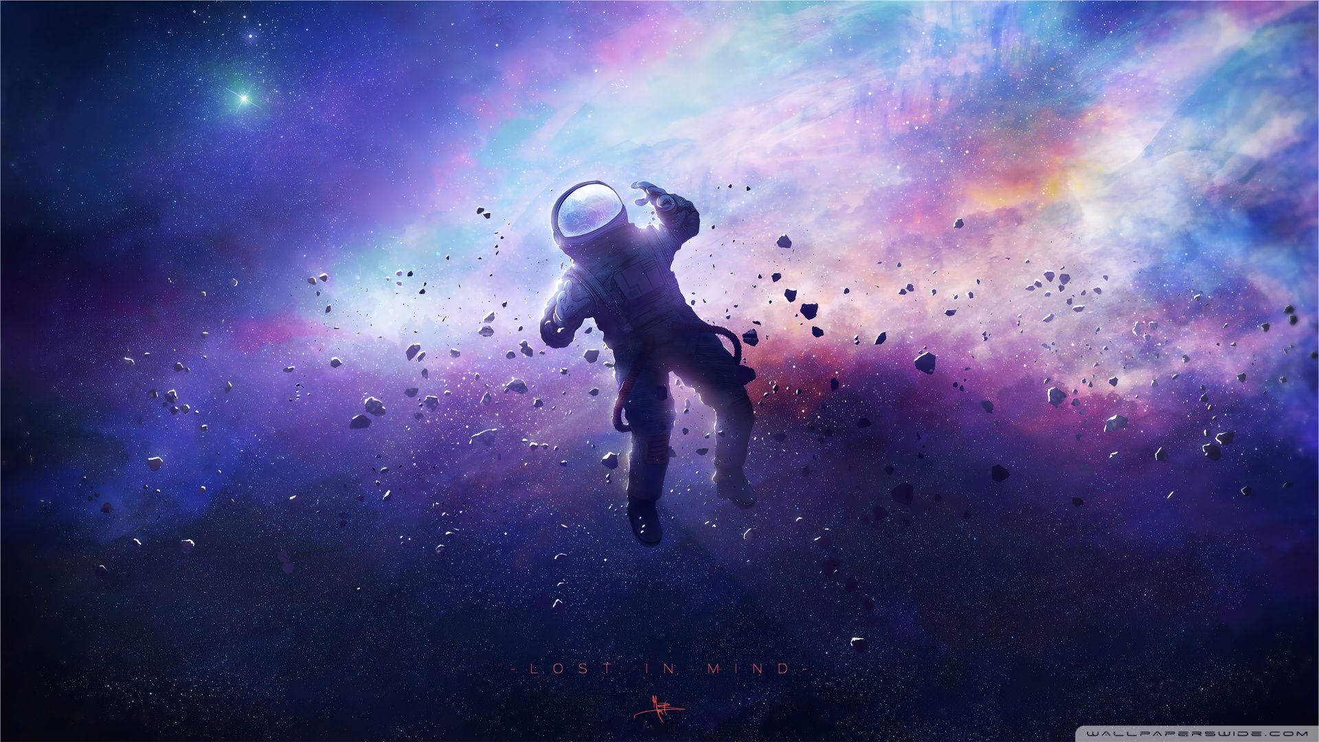 Astronaut, Weltraum, Asteroiden, Nebel, Schwerelosigkeit, Full HD, Breitbild-Hintergrundbild