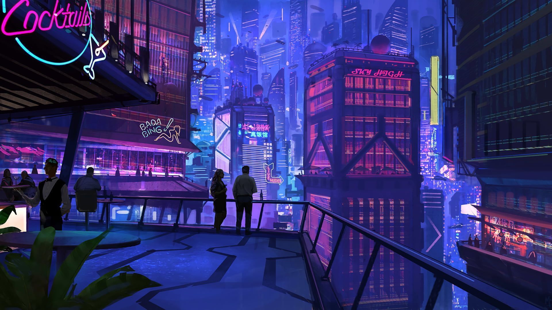 Futuristische Stadt, Neonlicht, Nacht, Cyberpunk, Lila, Digitale Kunst, Full HD, Breitbild-Hintergrundbild