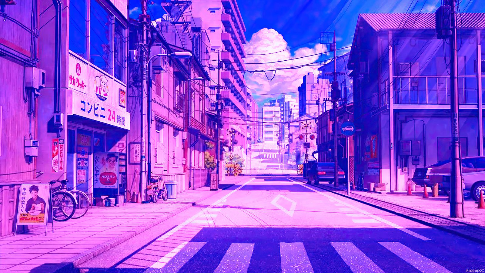 Japanische Straße, Zebrastreifen, Häuser, Anime-Stil, Lila Töne, HD, PC-Hintergrundbild
