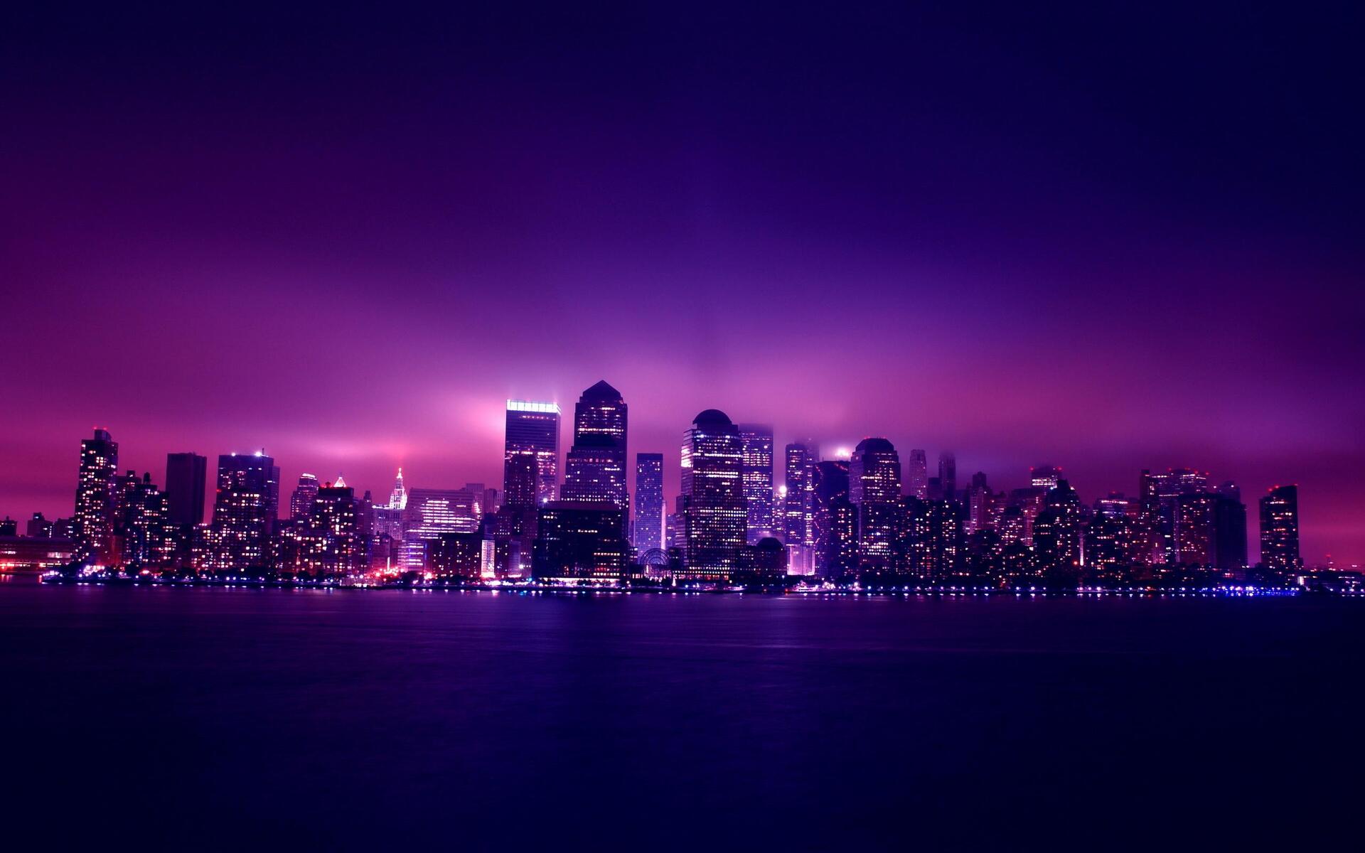 Skyline, Stadt bei Nacht, Lila Licht, Wasser, 16:10, Full-HD-Hintergrundbild für den Desktop
