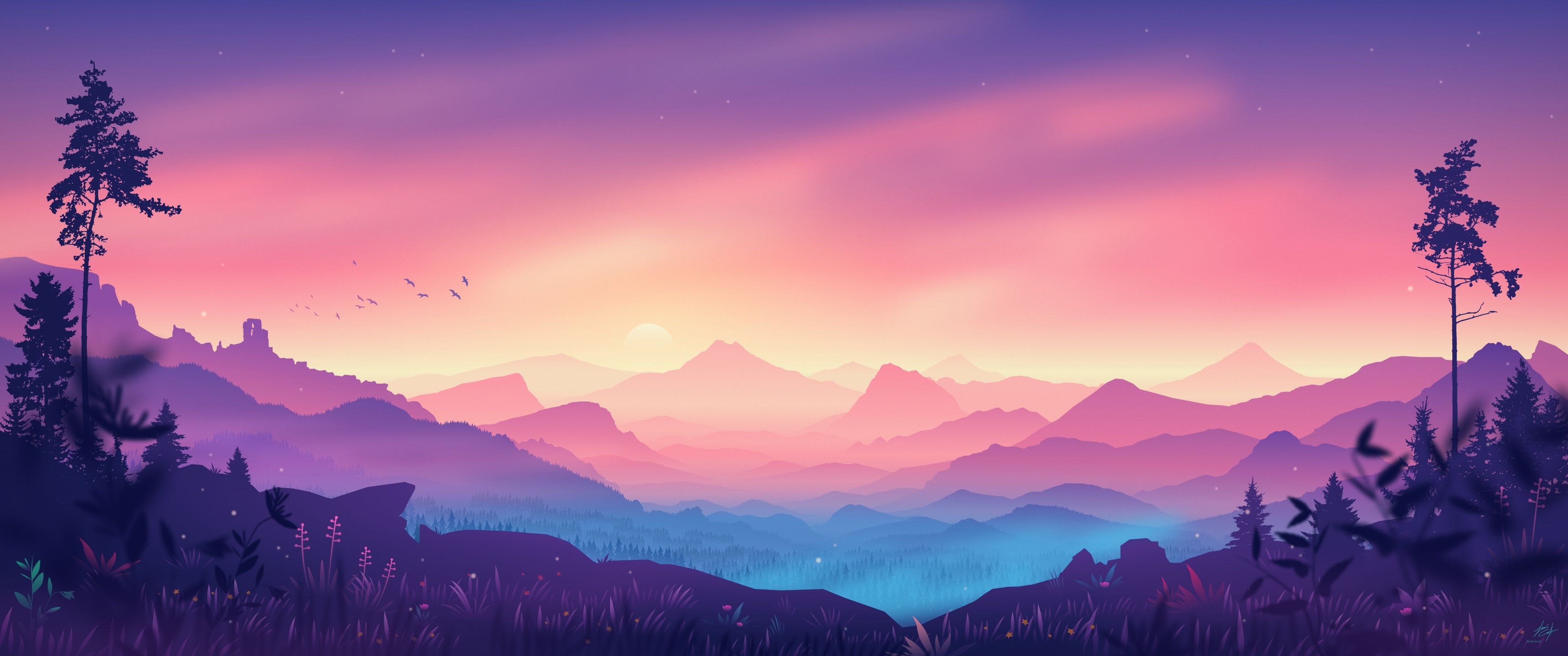 Berge, Bäume, Rosa Himmel, Tal, Flachdesign, 21:9, 2K-Hintergrundbild für den Desktop