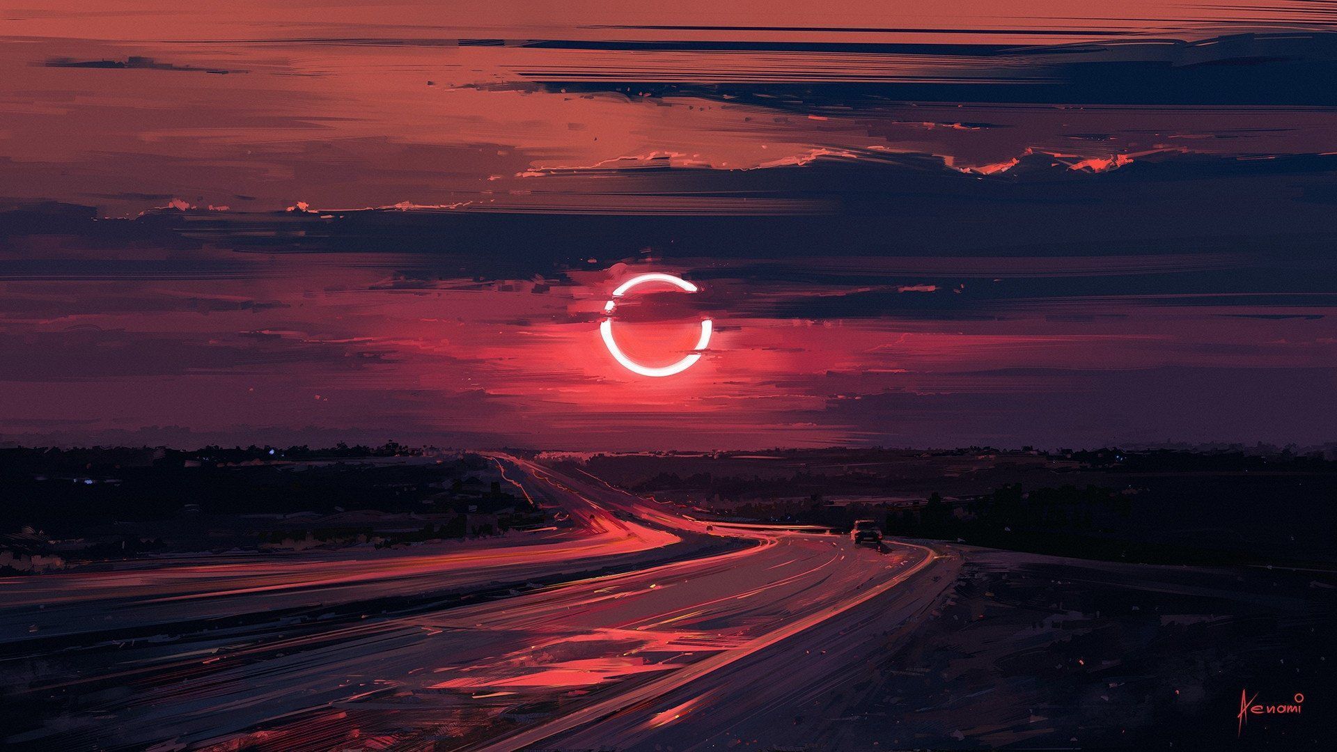 Sonnenfinsternis, Straße, Rot, Dämmerung, Digitale Malerei, 1920x1080, PC-Hintergrundbild