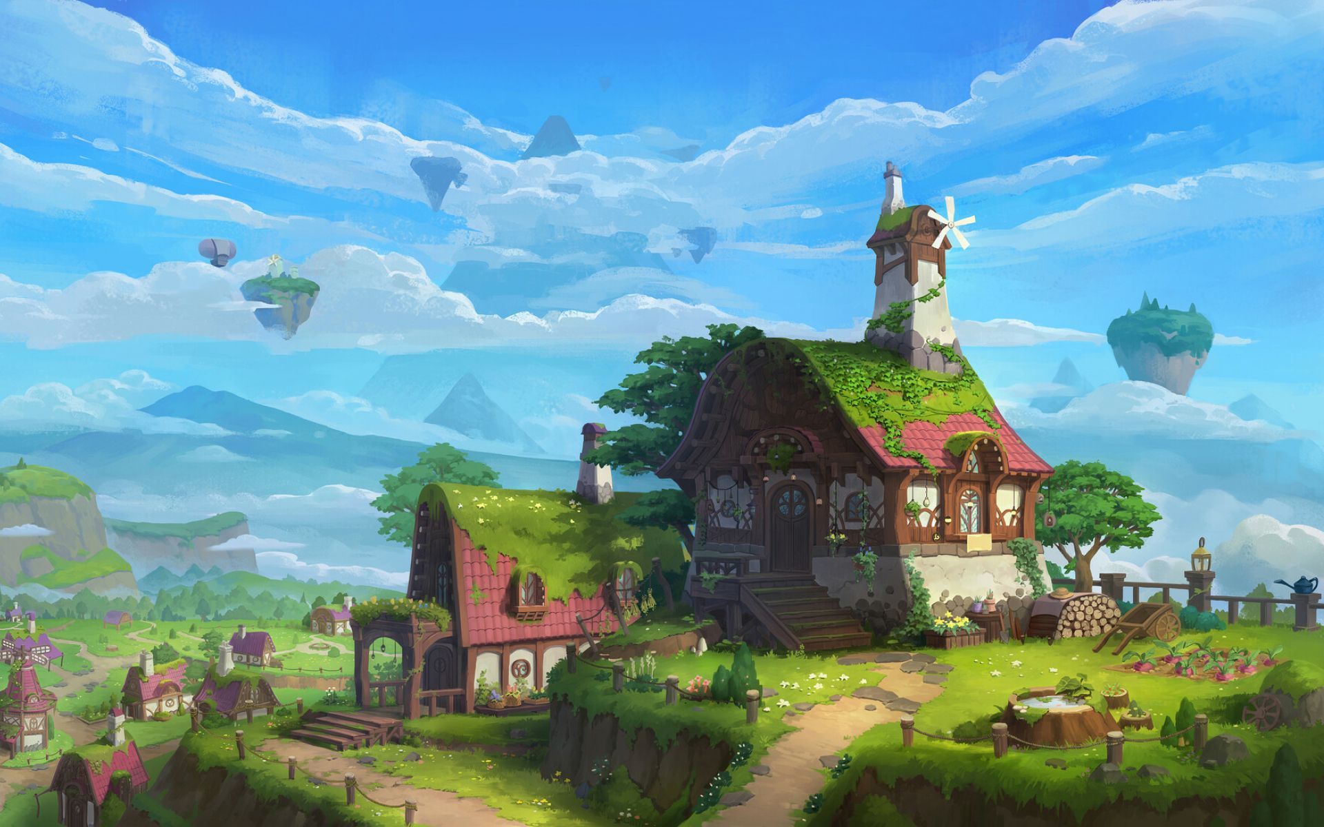 Haus, Fantasy, Schwebende Inseln, Wiese, Illustration, 16:10, Full-HD-Hintergrundbild für den Desktop