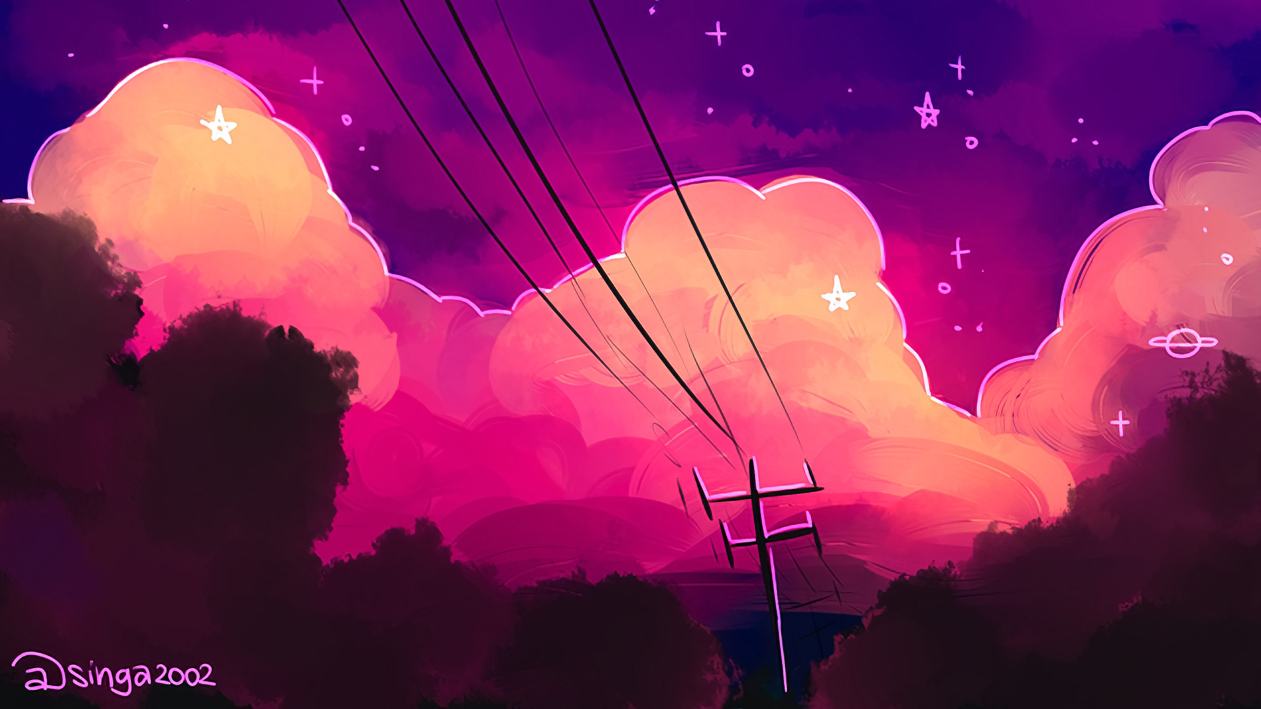 Wolken, Stromleitungen, Sterne, Pink, Illustration, 2K, Hintergrundbild für den PC