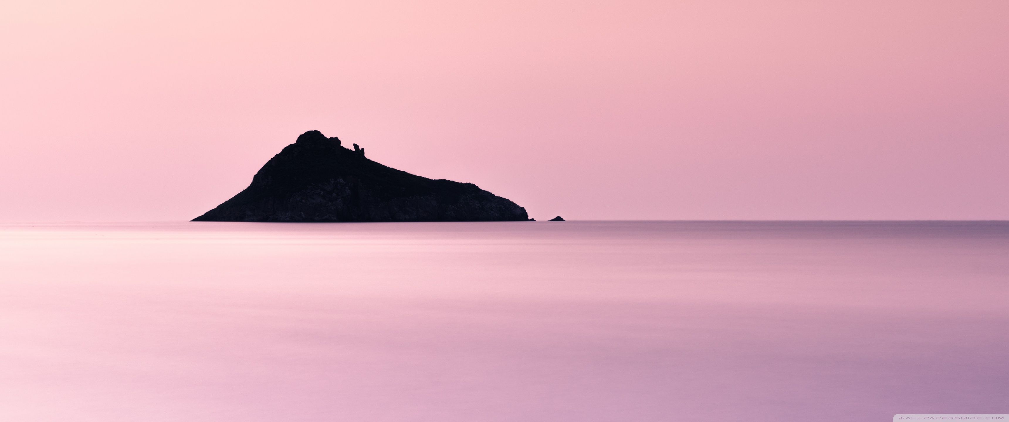 Insel, Meer, Rosa Himmel, Minimalistisch, Ruhe, 21:9, 2K-Hintergrundbild für den Desktop