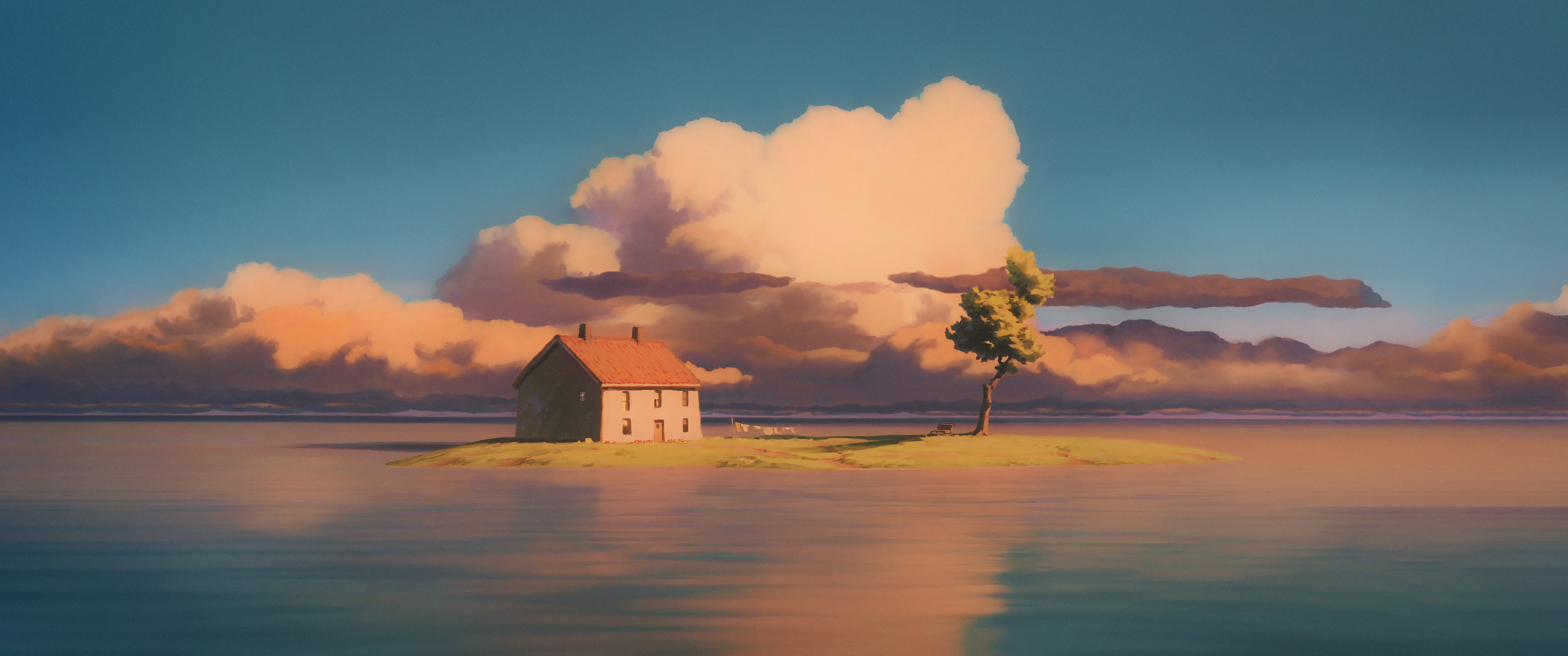 Chihiros Reise ins Zauberland, Studio Ghibli, Haus, Wasser, Wolken, Anime-Film, 2K-PC-Hintergrundbild