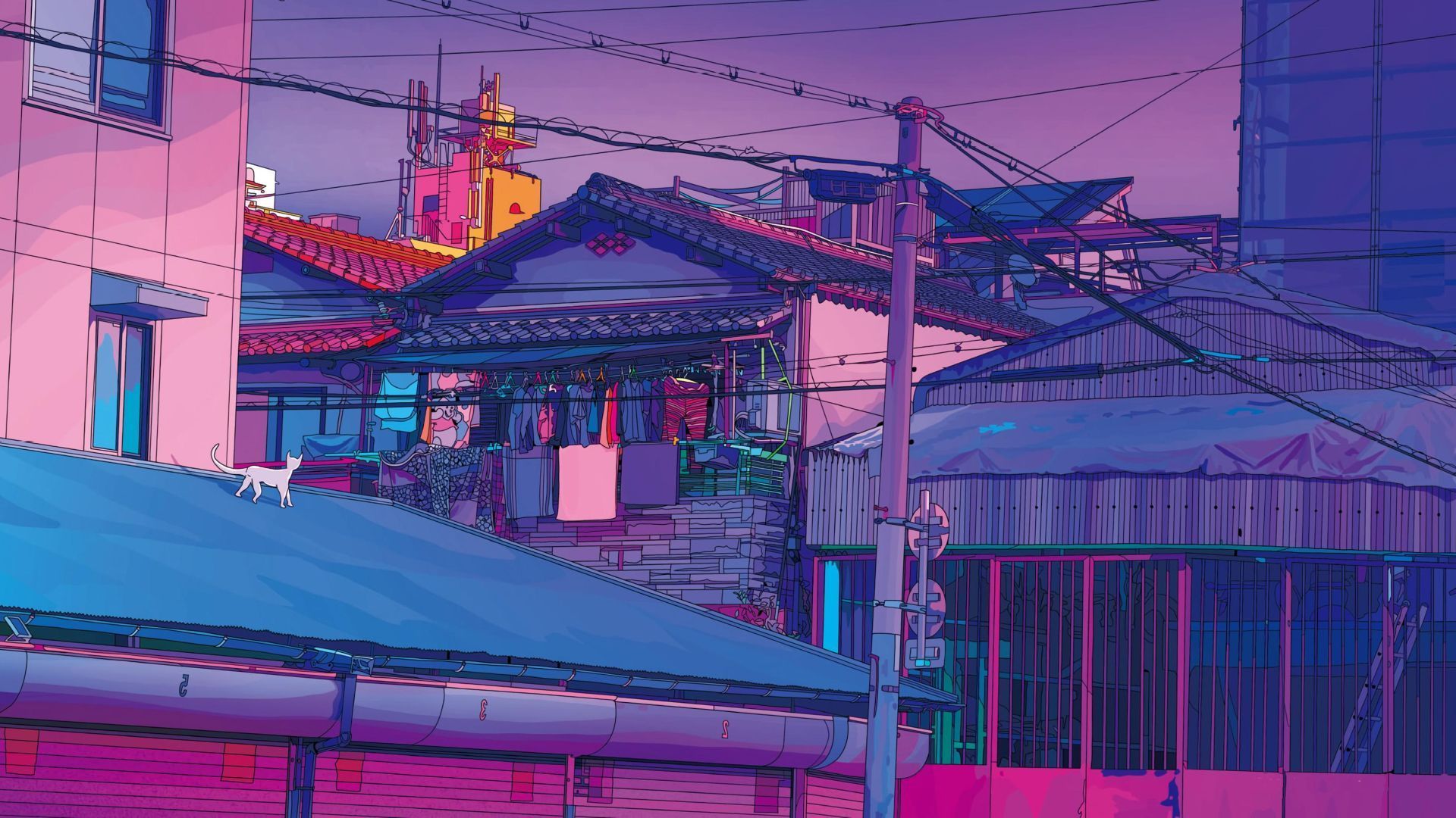 Häuser, Japan, Dächer, Anime-Stil, Rosa Töne, Full HD 1080p, Desktop-Hintergrundbild