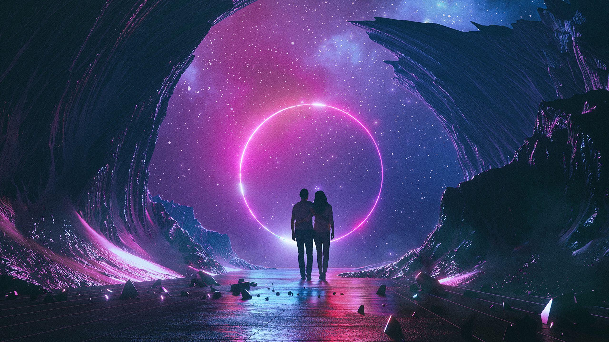 Paar, Portal, Lichtring, Weltraum, Höhle, Fantasy, 2560x1440, 2K-Hintergrundbild für PC