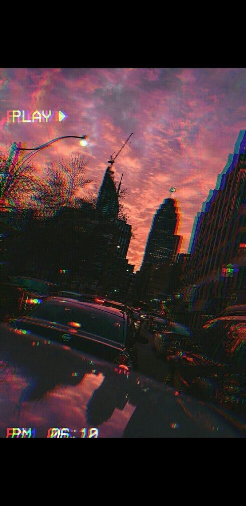 Abendhimmel, Silhouetten, VHS-Look, Rot, Stadt, Hintergrundbild für iPhone und Android