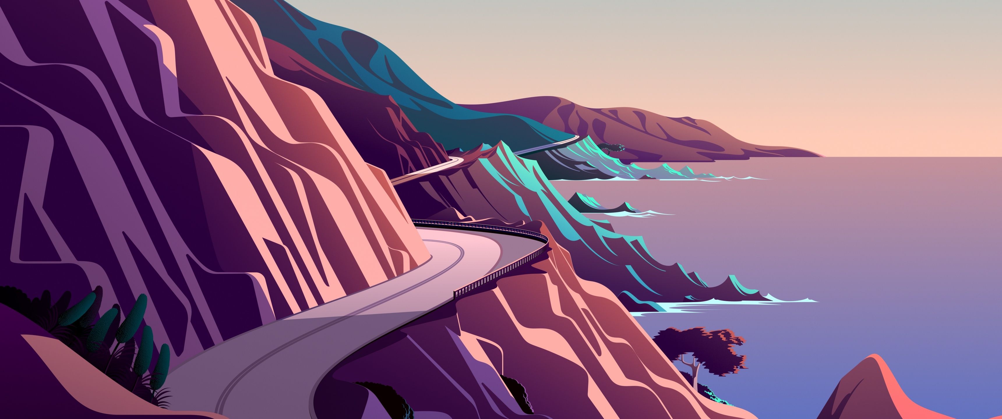 macOS Big Sur, Big Sur, Küste, Klippen, Straße, Flachdesign, 2K, PC-Hintergrundbild