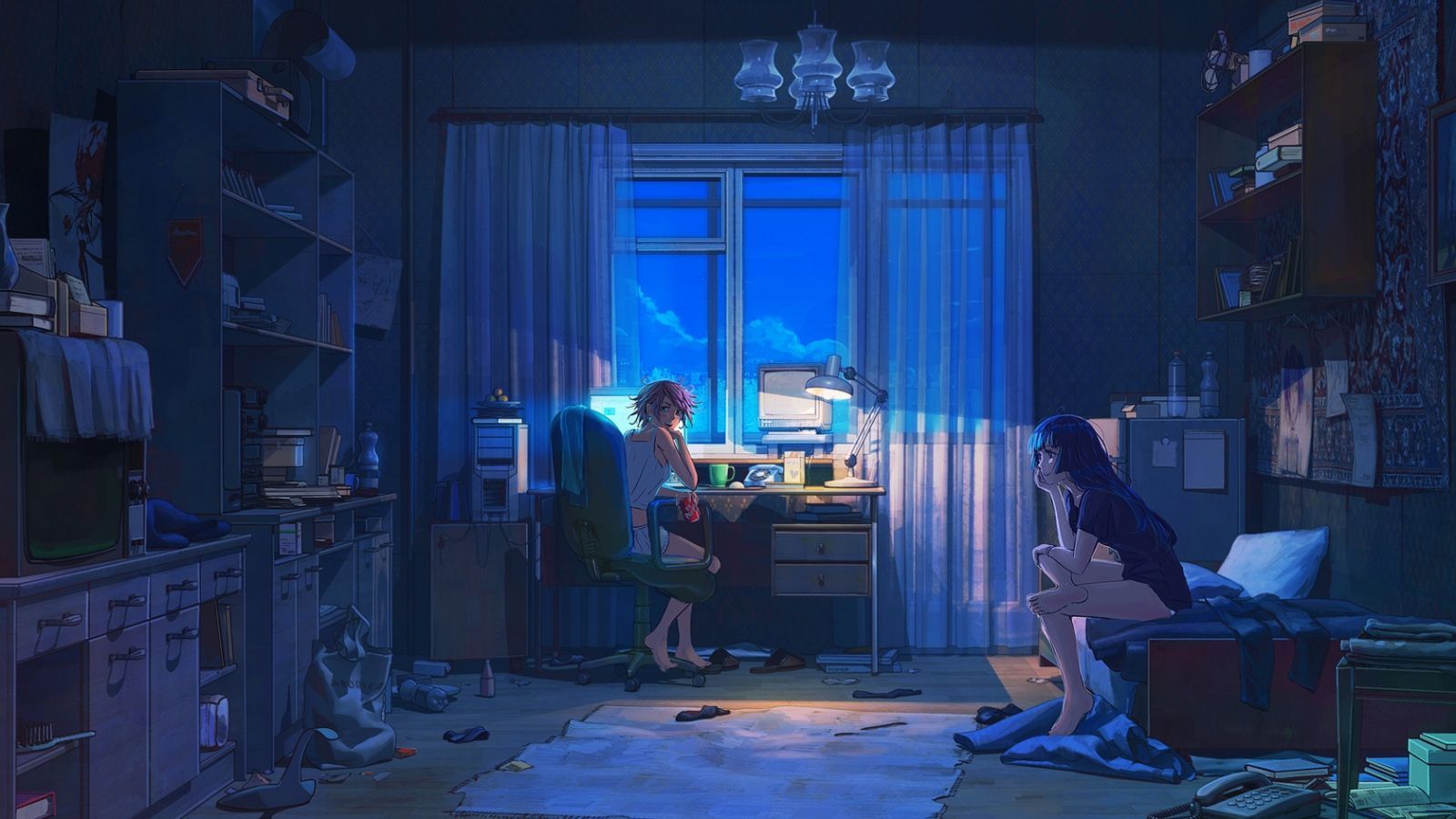 Zimmer, Schreibtisch, Mädchen, Nacht, Anime-Stil, Gemütlich, HD, PC-Hintergrundbild