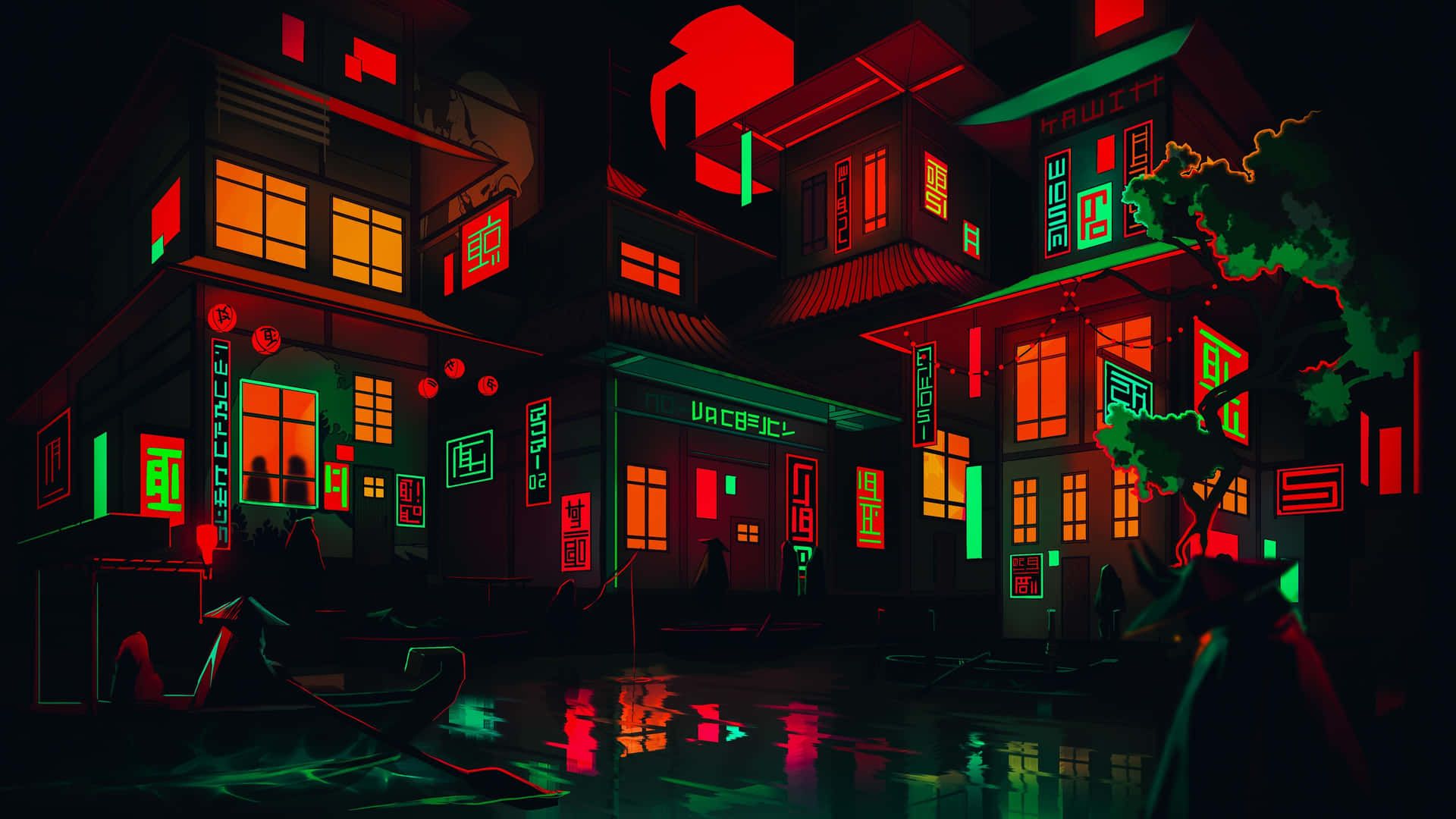 Asiatische Häuser, Neonschilder, Rot Grün, Nacht, Digitale Kunst, 1920x1080, PC-Hintergrundbild