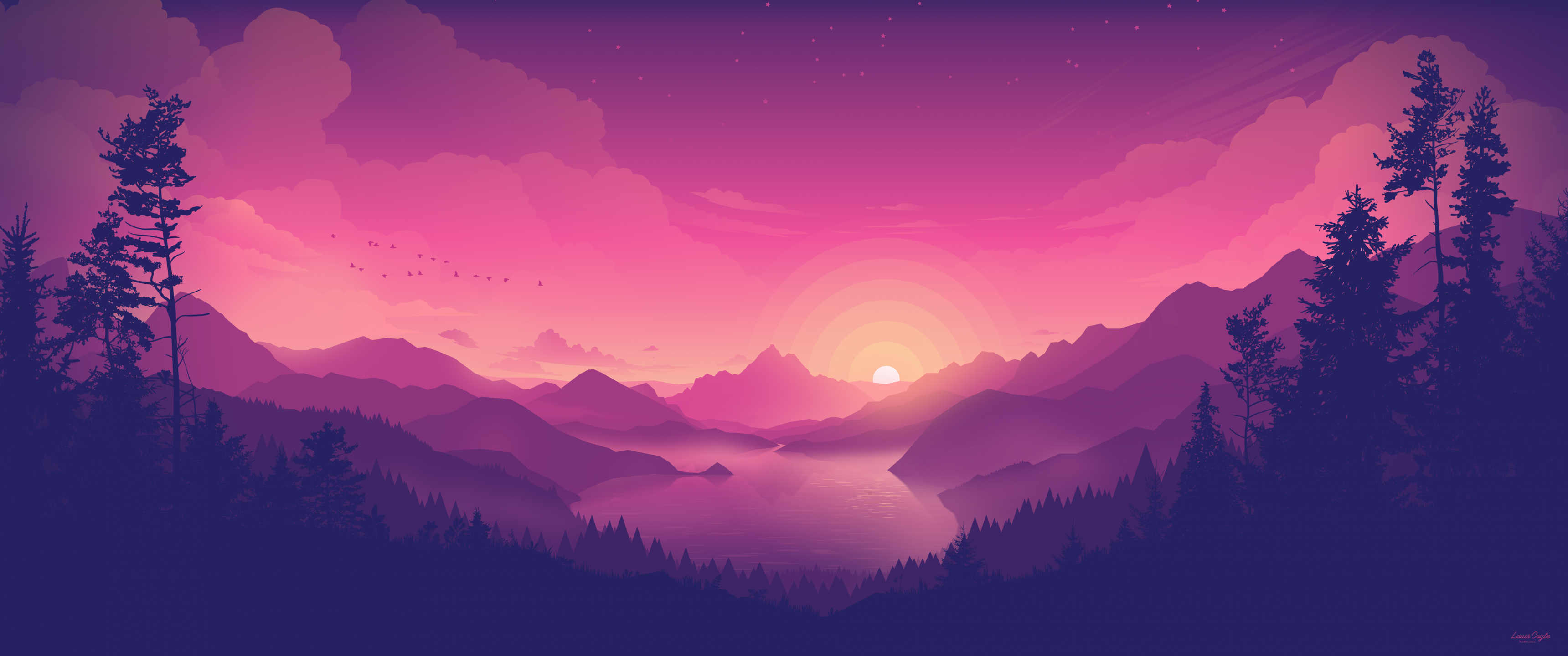 Berge, Sonnenuntergang, Tannen, Tal, Lila Himmel, 2K, Hintergrund für den Desktop