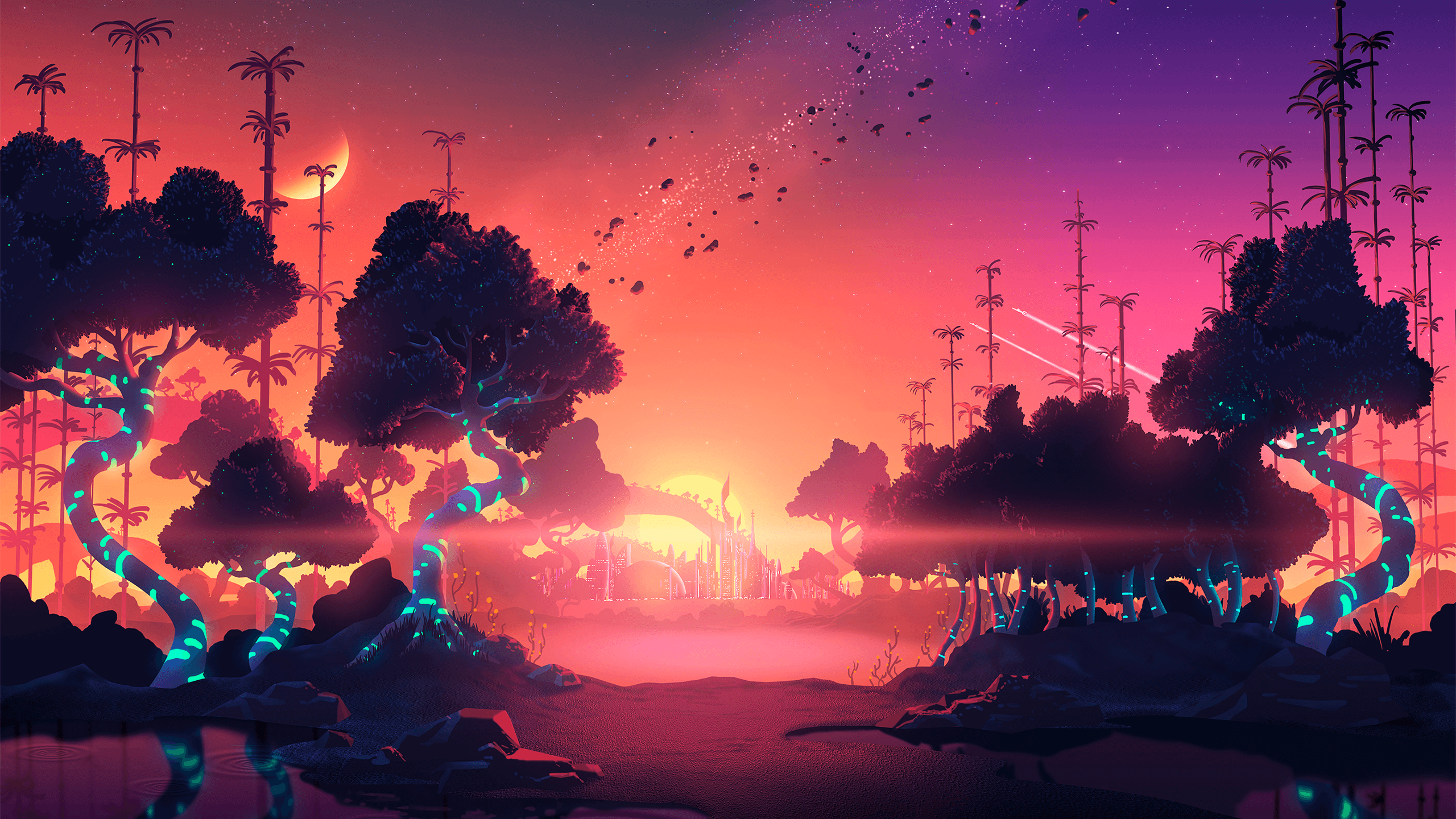Sonnenuntergang, Bäume, Vögel, Fantasy, Pink, Illustration, 2K, Windows-Hintergrundbild