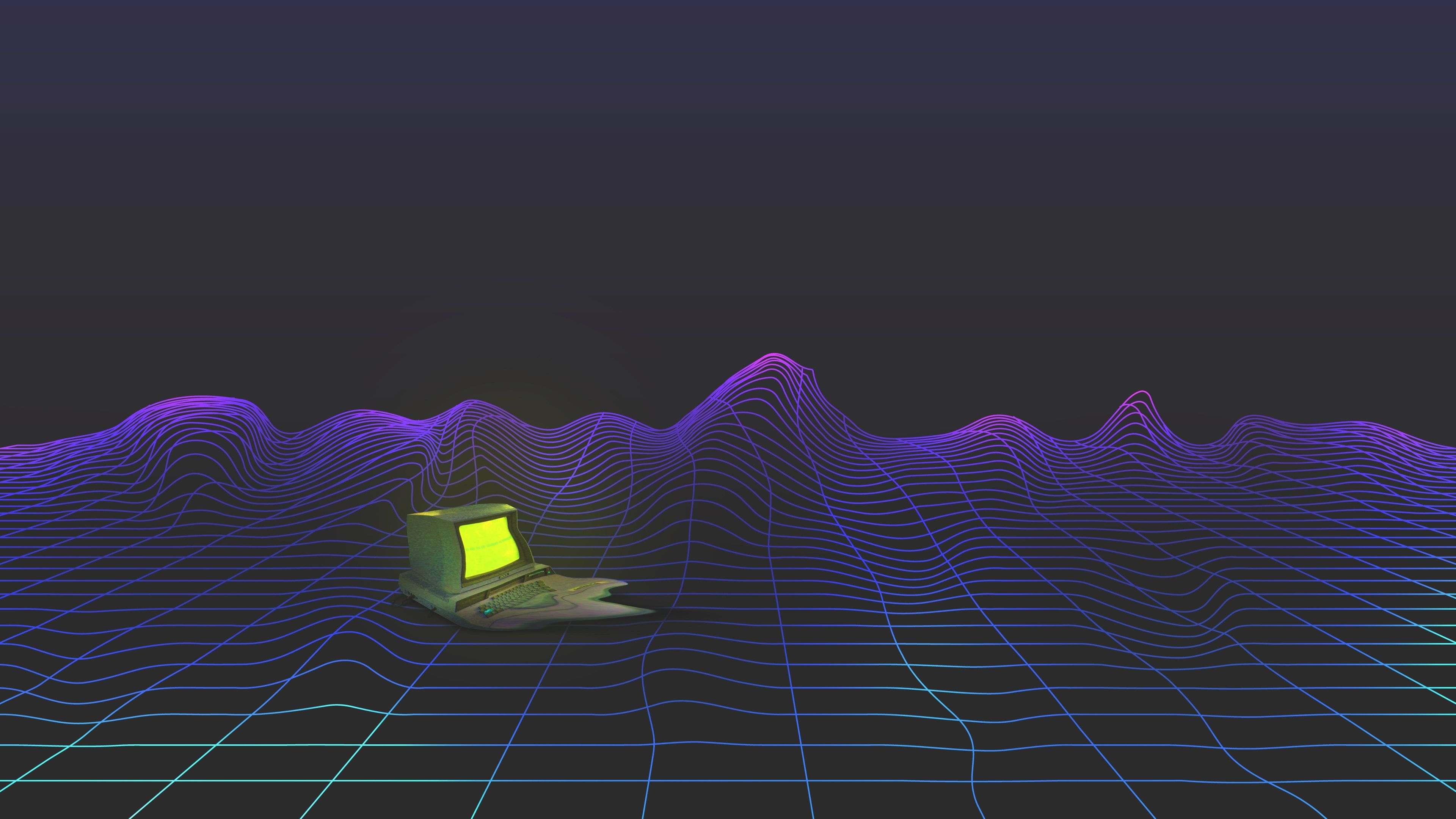 Laptop, Wireframe-Landschaft, Retro-Gitter, Dunkelblau, Minimalismus, 3840x2160, PC-Hintergrundbild
